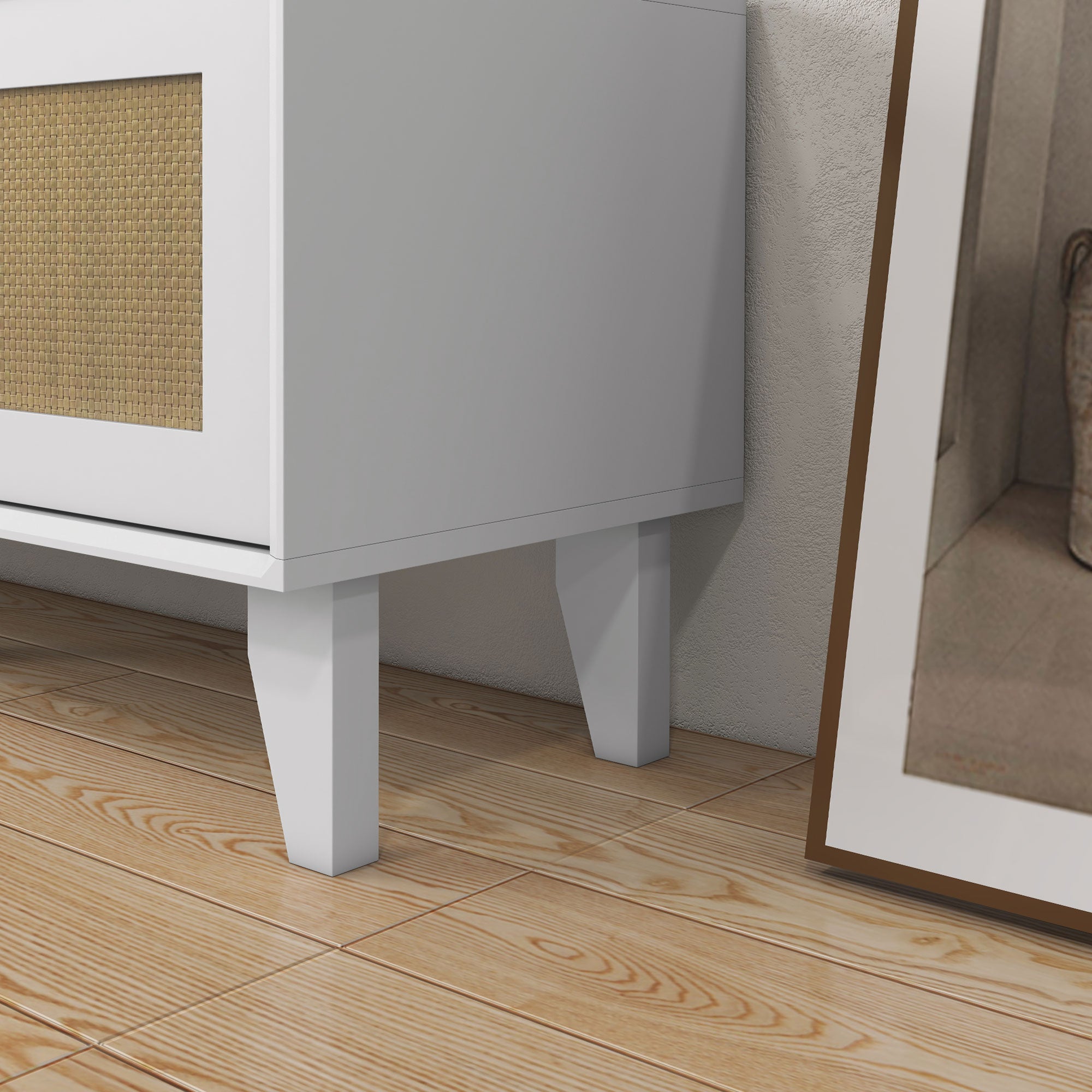 HOMCOM TV Stand for 50 Inch TVs, Boho TV Cabinet with Rattan Doors, Adjustable Shelves and Storage Cabinets, Entertainment Unit for Living Room, White