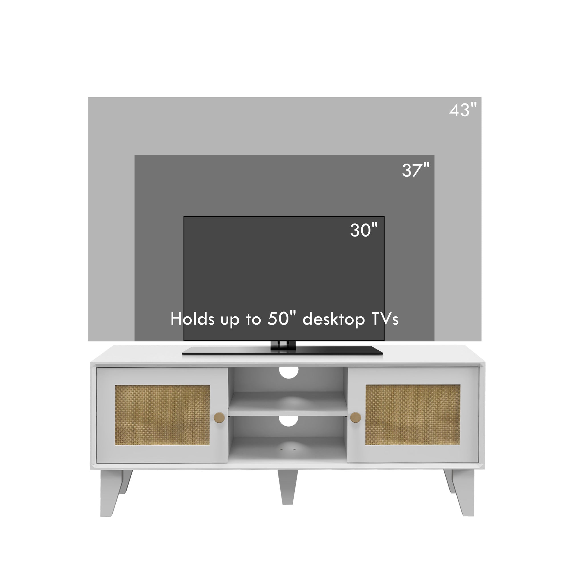 HOMCOM TV Stand for 50 Inch TVs, Boho TV Cabinet with Rattan Doors, Adjustable Shelves and Storage Cabinets, Entertainment Unit for Living Room, White