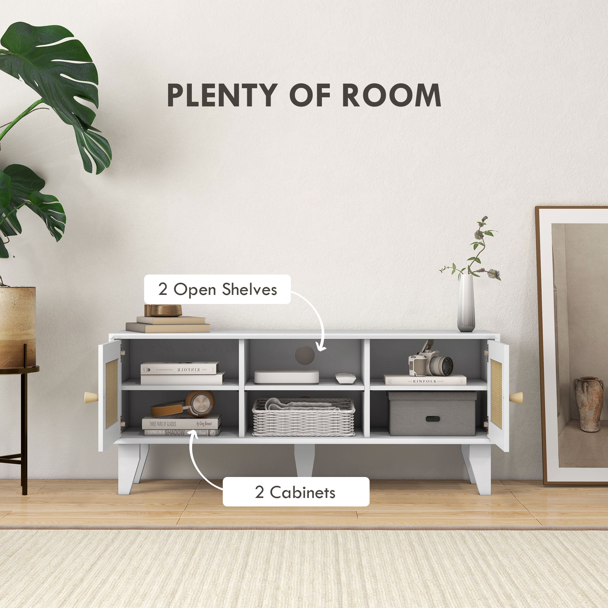 HOMCOM TV Stand for 50 Inch TVs, Boho TV Cabinet with Rattan Doors, Adjustable Shelves and Storage Cabinets, Entertainment Unit for Living Room, White