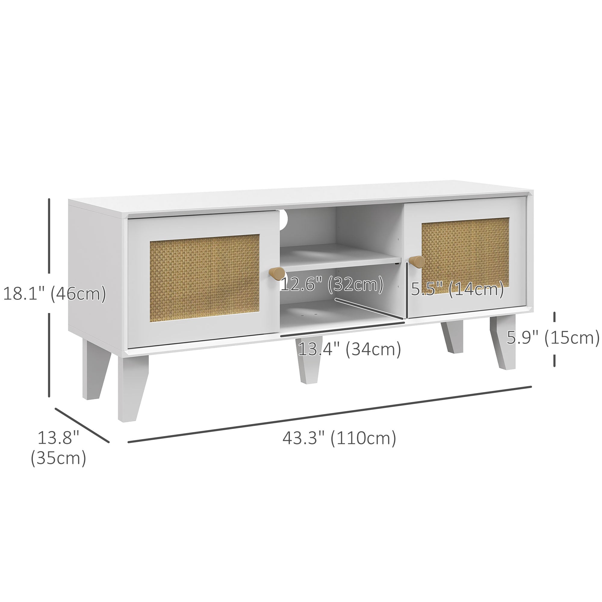 HOMCOM TV Stand for 50 Inch TVs, Boho TV Cabinet with Rattan Doors, Adjustable Shelves and Storage Cabinets, Entertainment Unit for Living Room, White