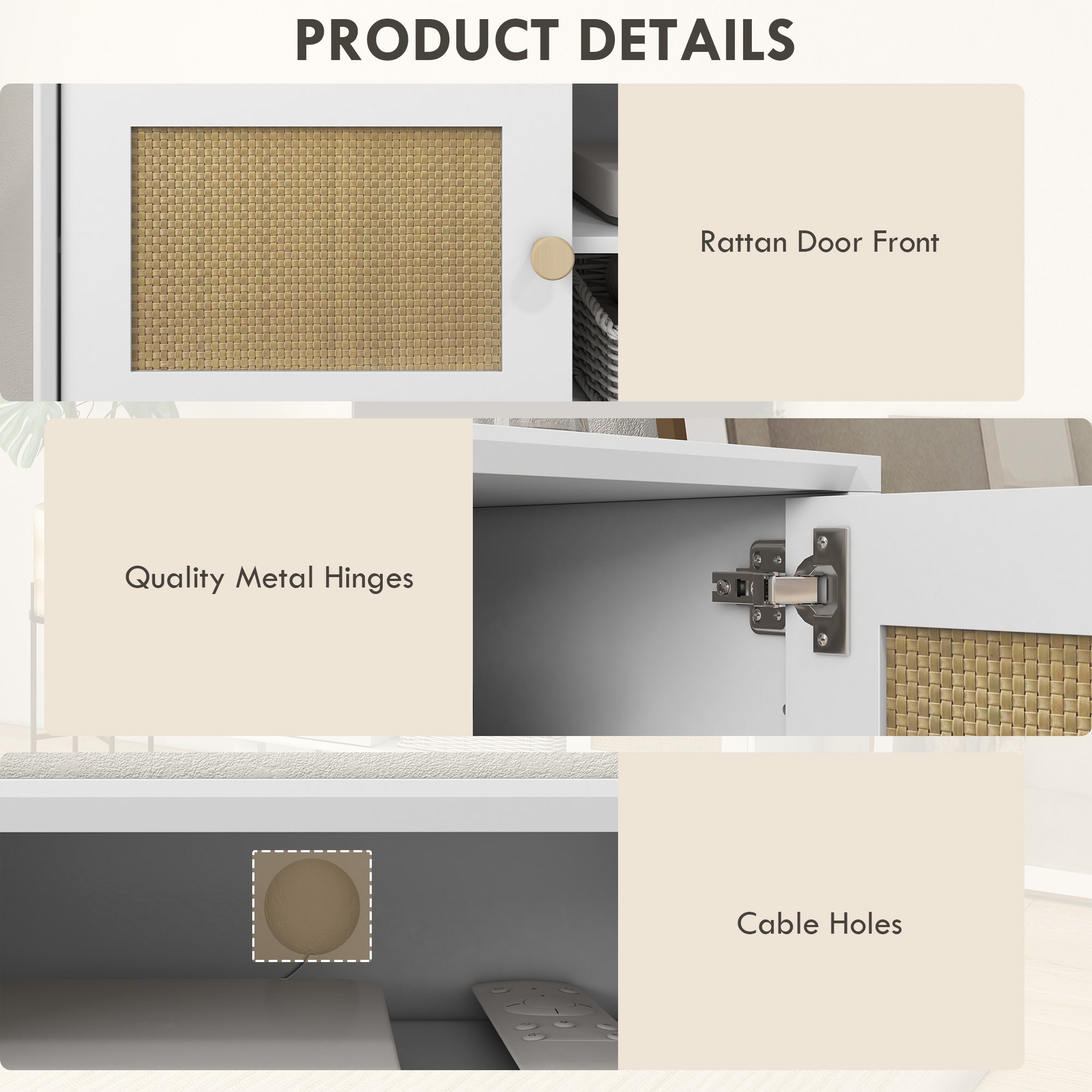 HOMCOM TV Stand for 50 Inch TVs, Boho TV Cabinet with Rattan Doors, Adjustable Shelves and Storage Cabinets, Entertainment Unit for Living Room, White