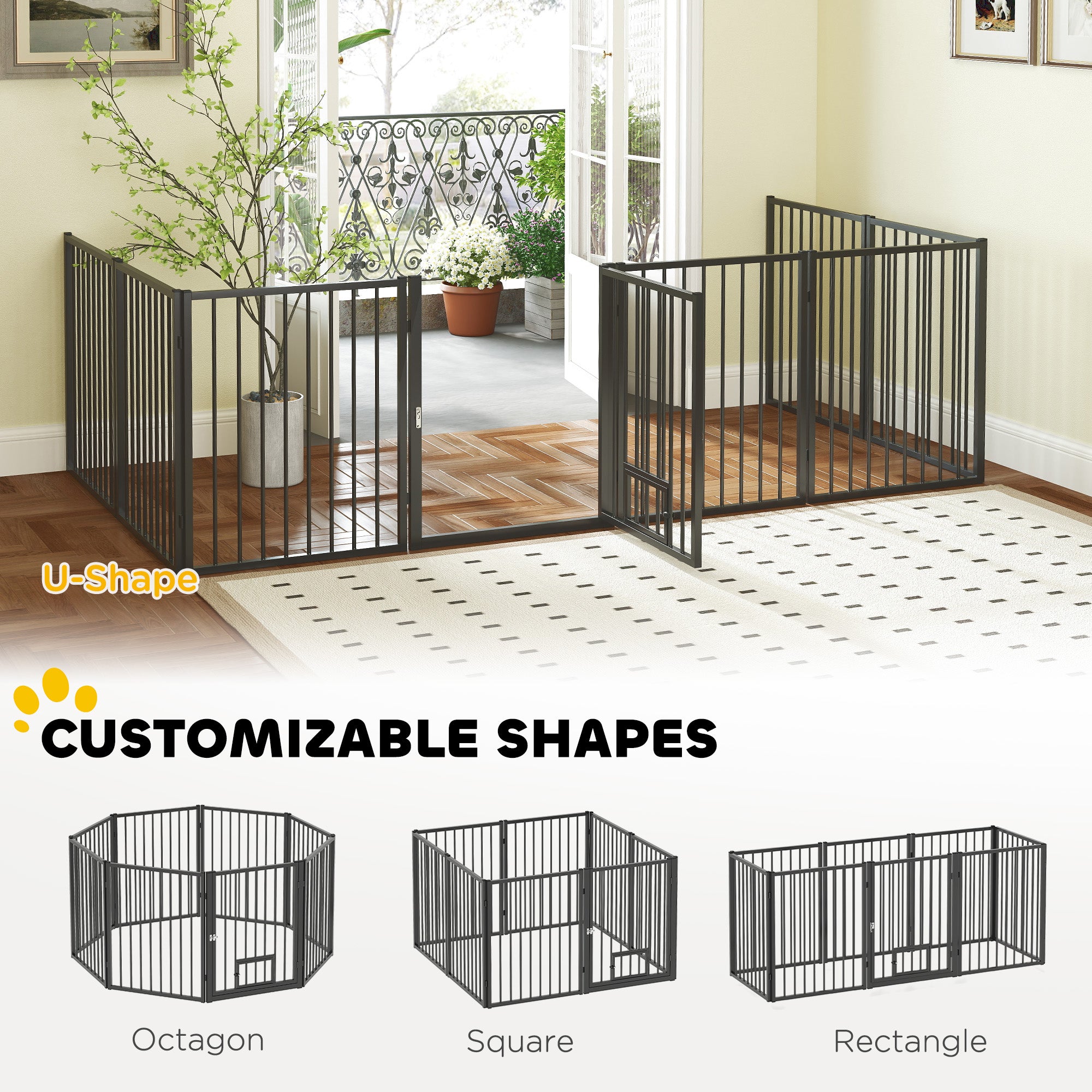 PawHut Dog Playpen, 30"H Pet Playpen, 8 Panels Puppy Exercise Pen Heavy Duty with Dog Gate & Cat Door, Indoor Outdoor Foldable Portable Dog Fence for Small & Medium Dogs