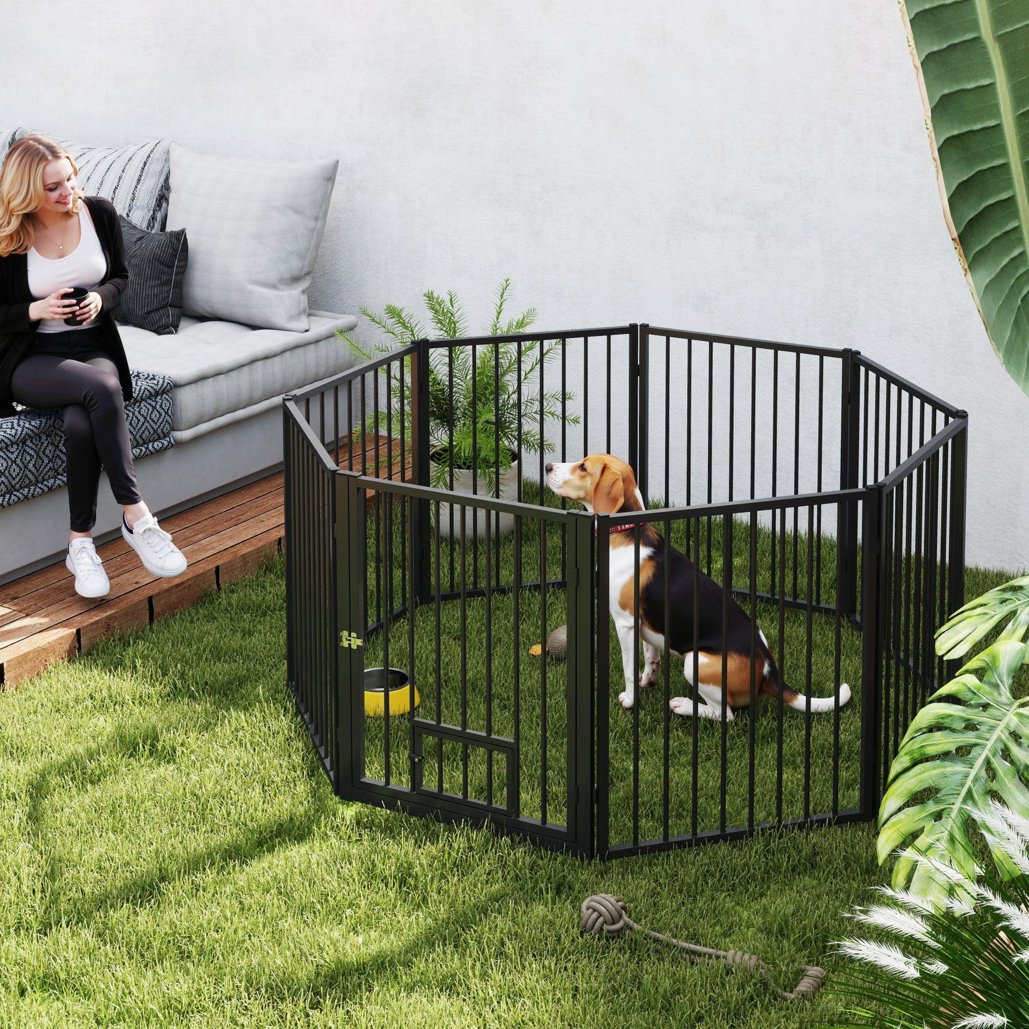 PawHut Dog Playpen, 30"H Pet Playpen, 8 Panels Puppy Exercise Pen Heavy Duty with Dog Gate & Cat Door, Indoor Outdoor Foldable Portable Dog Fence for Small & Medium Dogs
