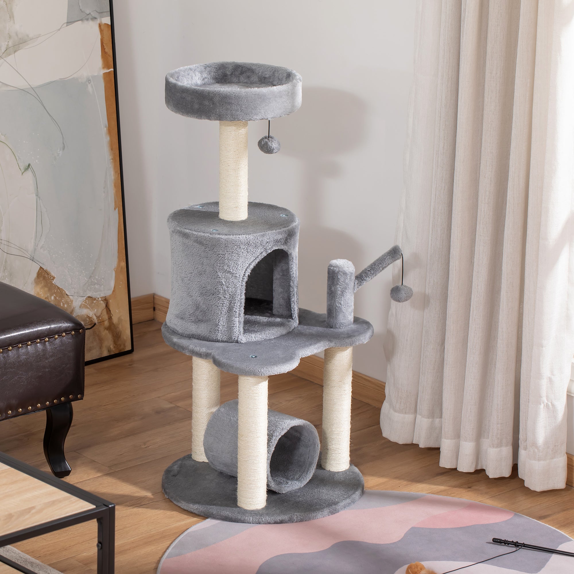 PawHut Cat Tree Tower for Indoor Cats Climbing Activity Center Kitten Furniture with Jute Scratching Post Bed Tunnel Perch Hanging Balls Grey