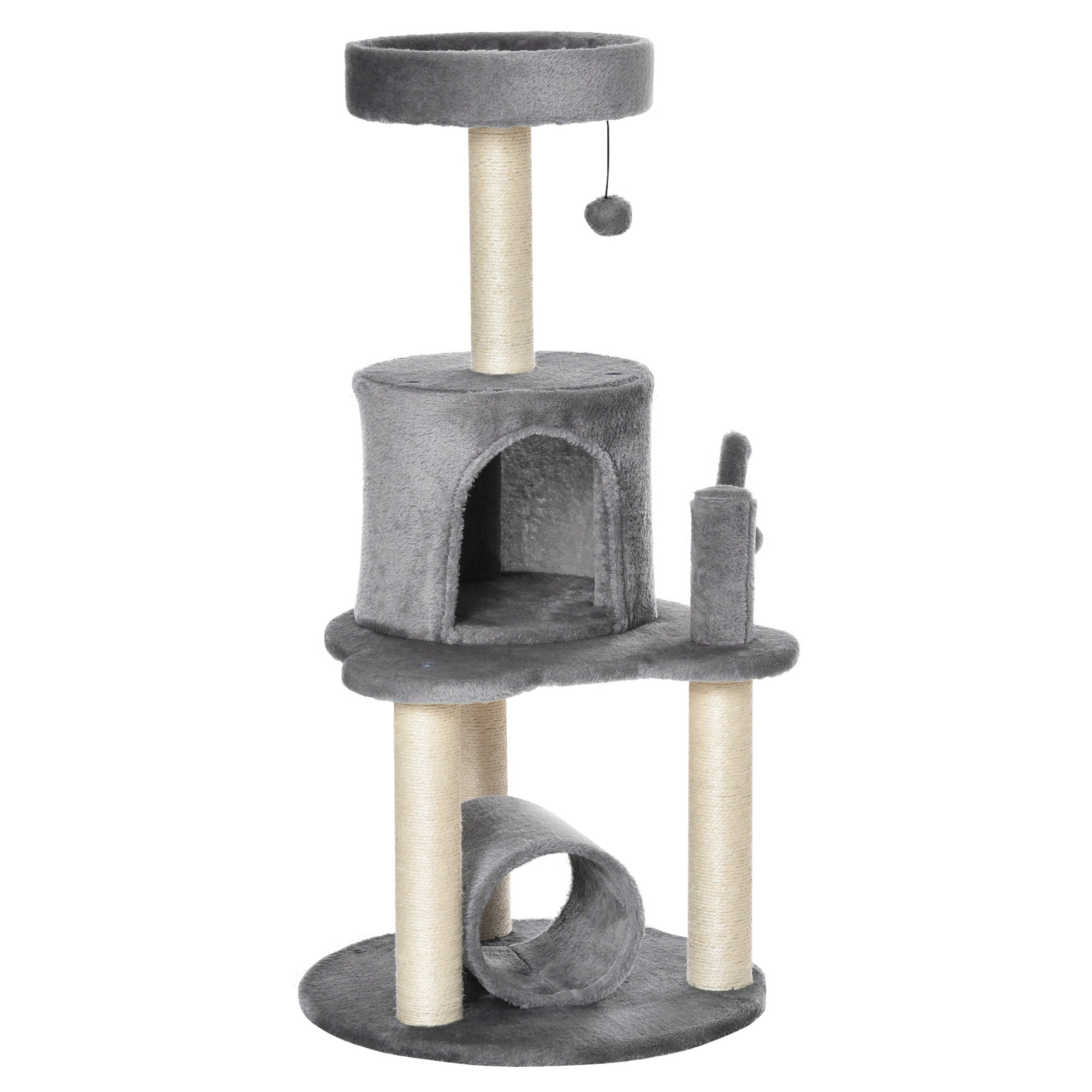 PawHut Cat Tree Tower for Indoor Cats Climbing Activity Center Kitten Furniture with Jute Scratching Post Bed Tunnel Perch Hanging Balls Grey