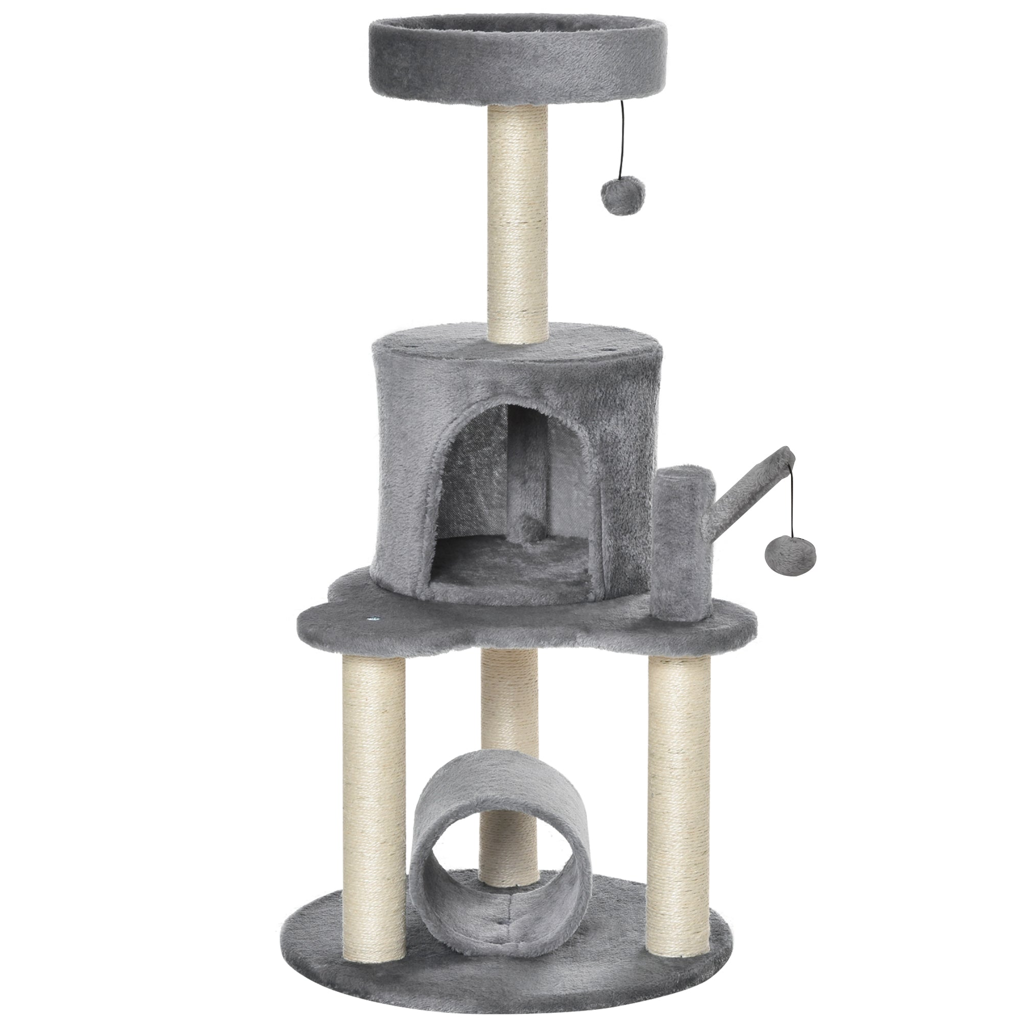 PawHut Cat Tree Tower for Indoor Cats Climbing Activity Center Kitten Furniture with Jute Scratching Post Bed Tunnel Perch Hanging Balls Grey