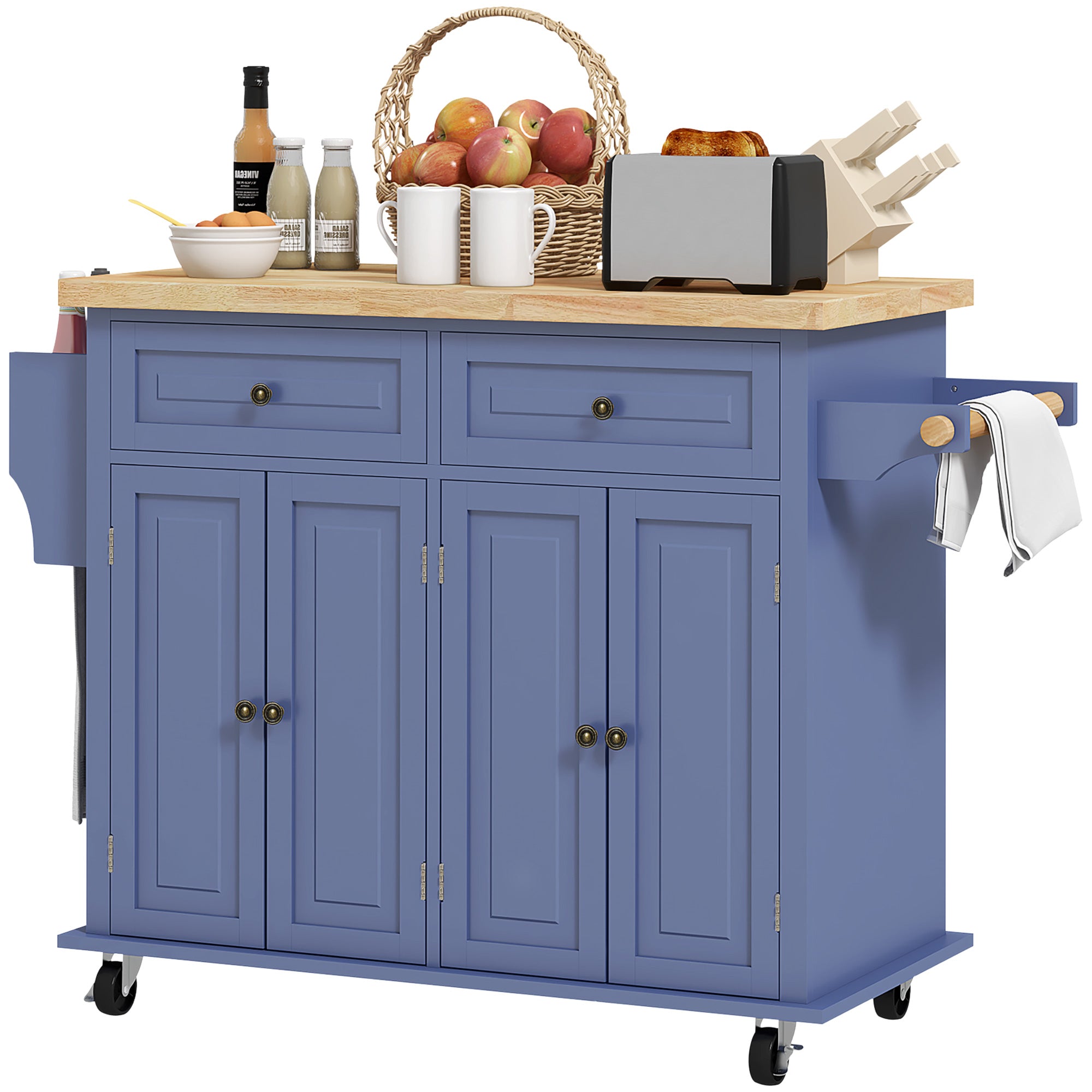 HOMCOM Kitchen Island on Wheels with Storage, Rolling Cart with Rubber wood Top, Spice Rack, Towel Rack and Drawers, Navy Blue