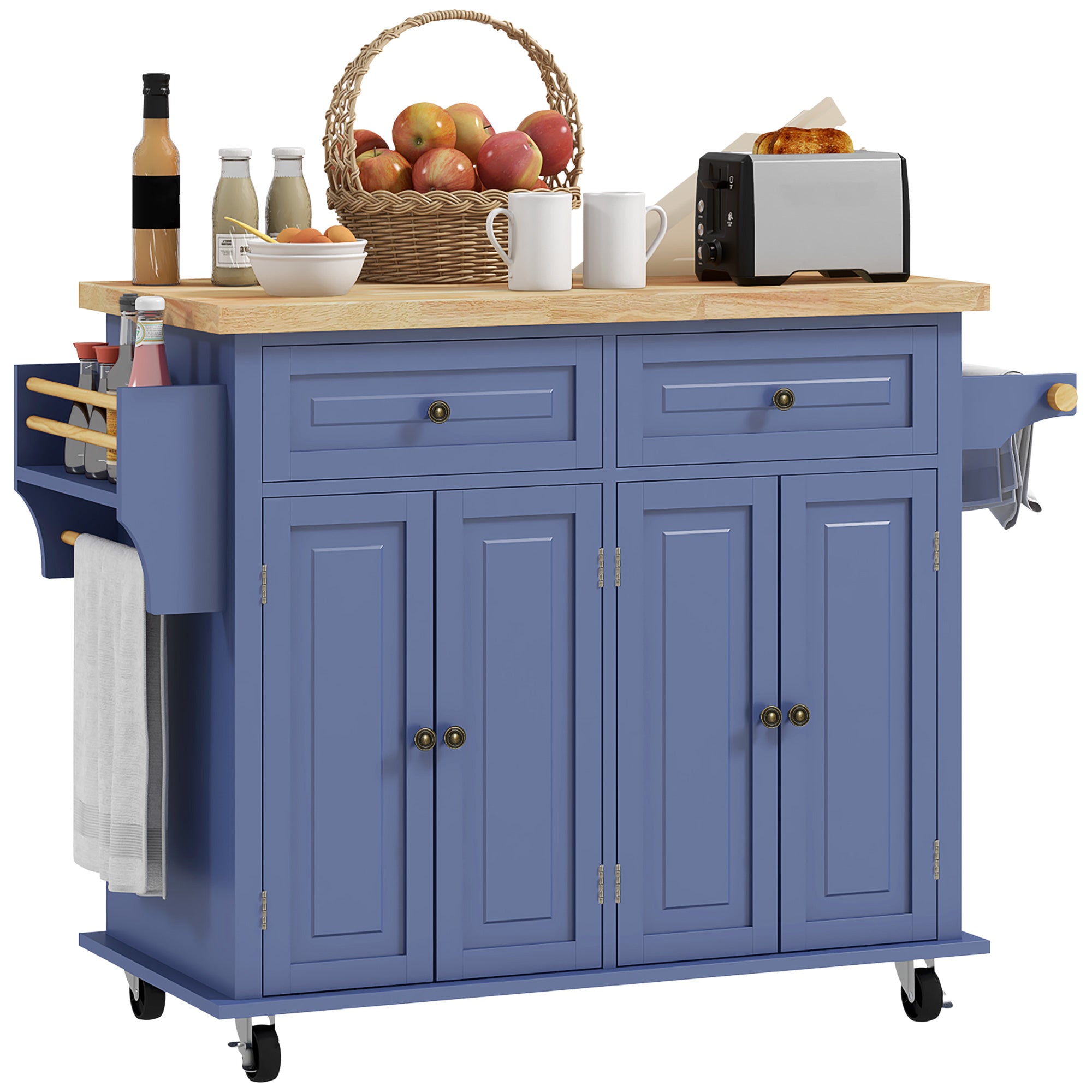 HOMCOM Kitchen Island on Wheels with Storage, Rolling Cart with Rubber wood Top, Spice Rack, Towel Rack and Drawers, Navy Blue