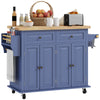 HOMCOM Kitchen Island on Wheels with Storage, Rolling Cart with Rubber wood Top, Spice Rack, Towel Rack and Drawers, Navy Blue