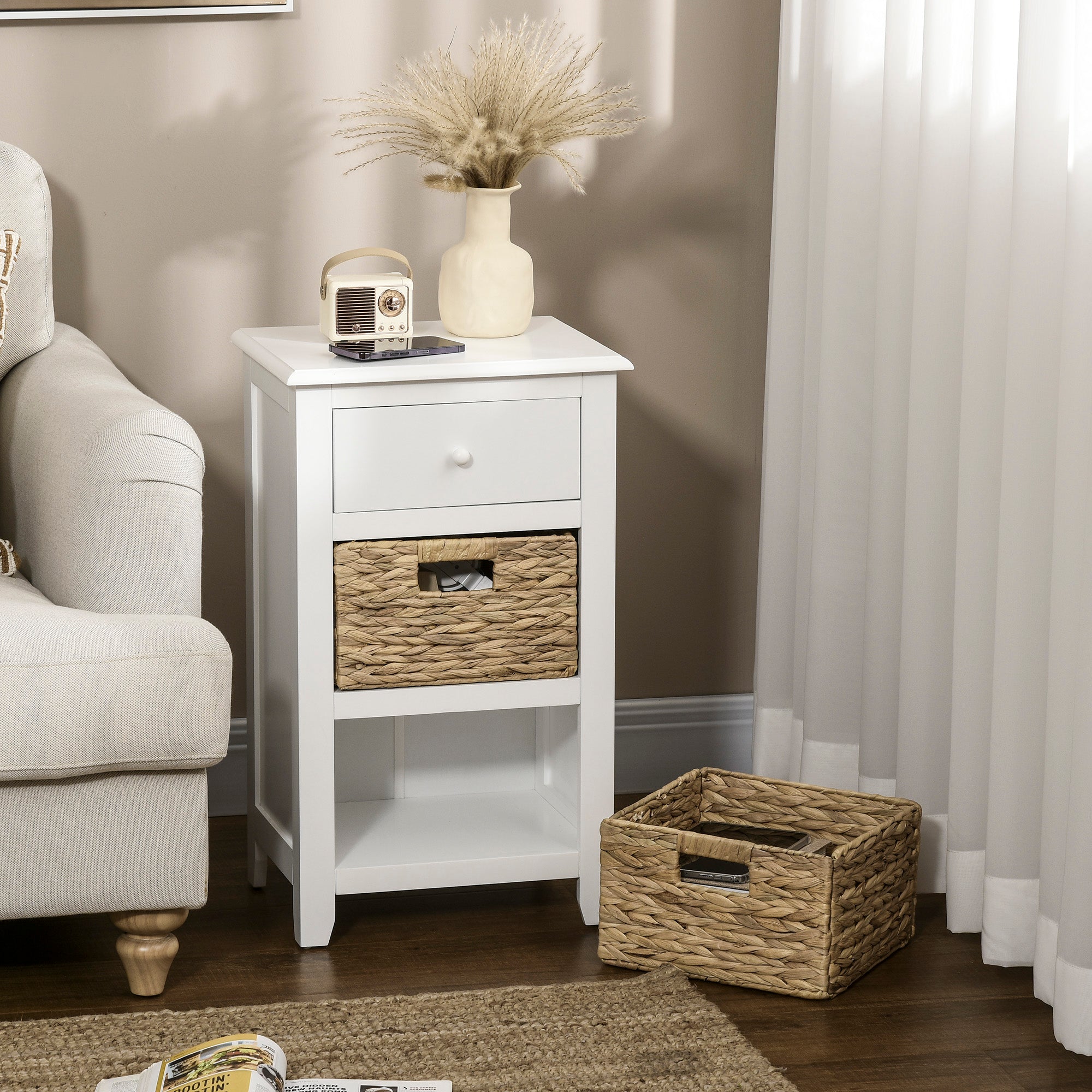 HOMCOM Side Table, End Table with Removable Woven Baskets and Drawer, Bedside Table for Living Room, Bedroom, White