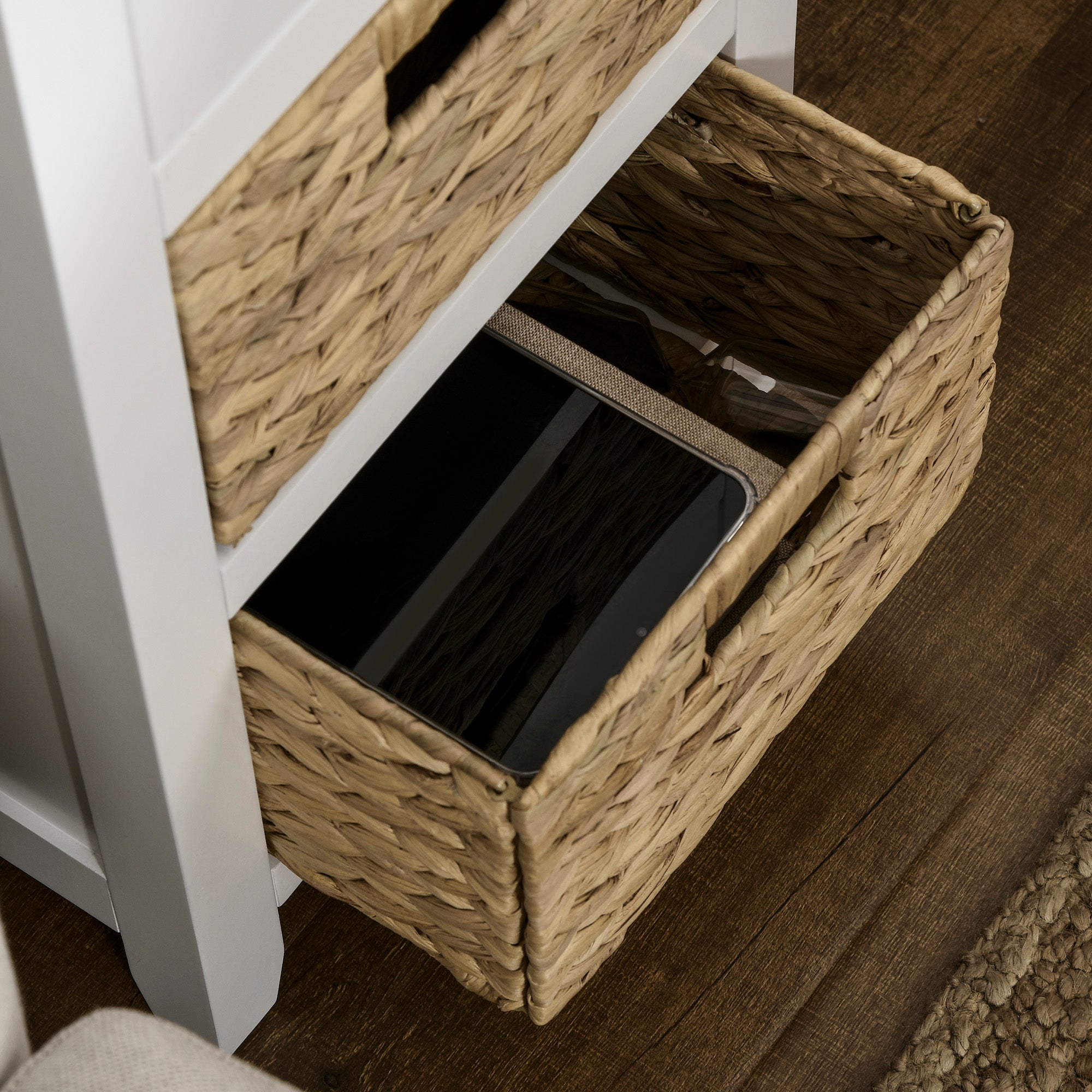 HOMCOM Side Table, End Table with Removable Woven Baskets and Drawer, Bedside Table for Living Room, Bedroom, White
