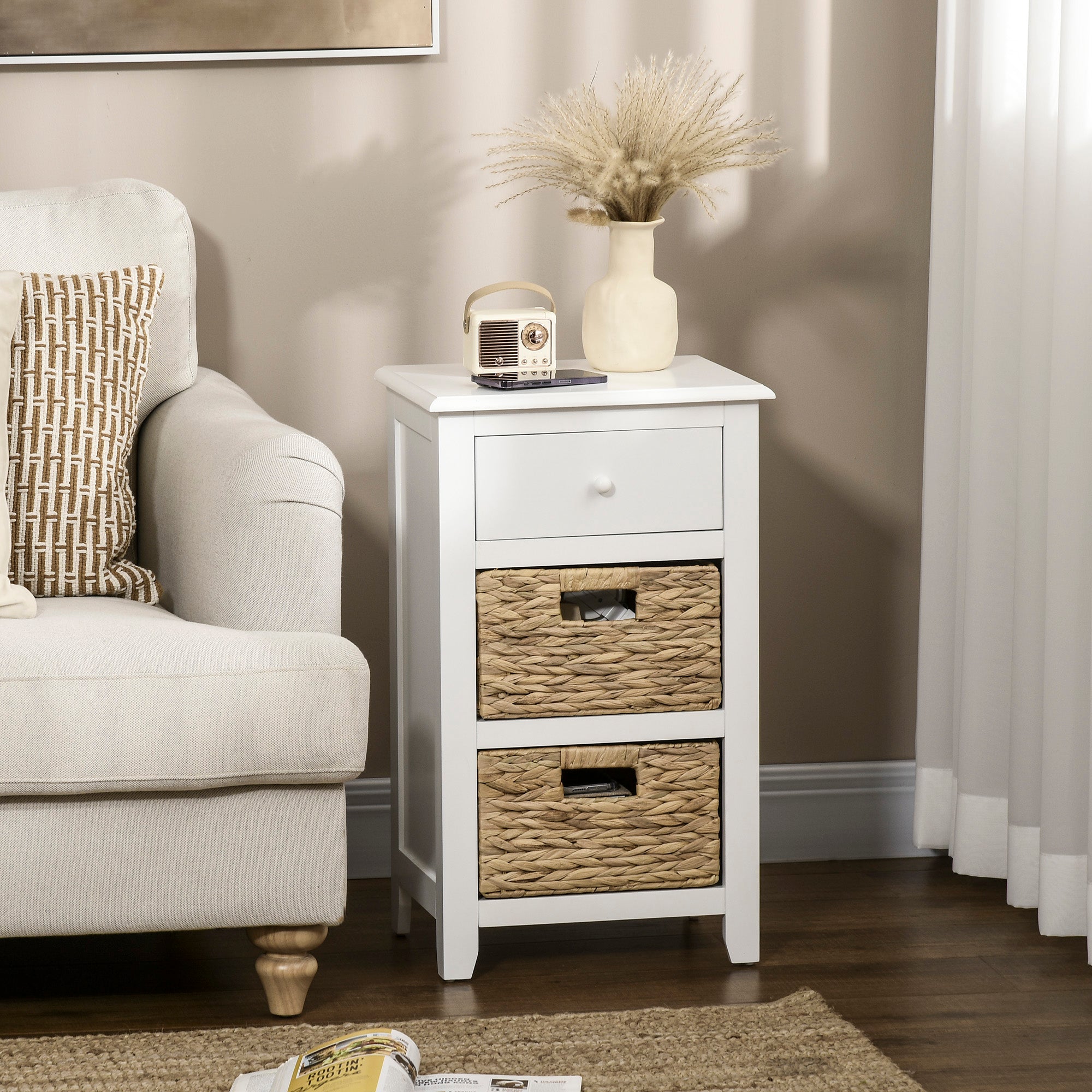 HOMCOM Side Table, End Table with Removable Woven Baskets and Drawer, Bedside Table for Living Room, Bedroom, White