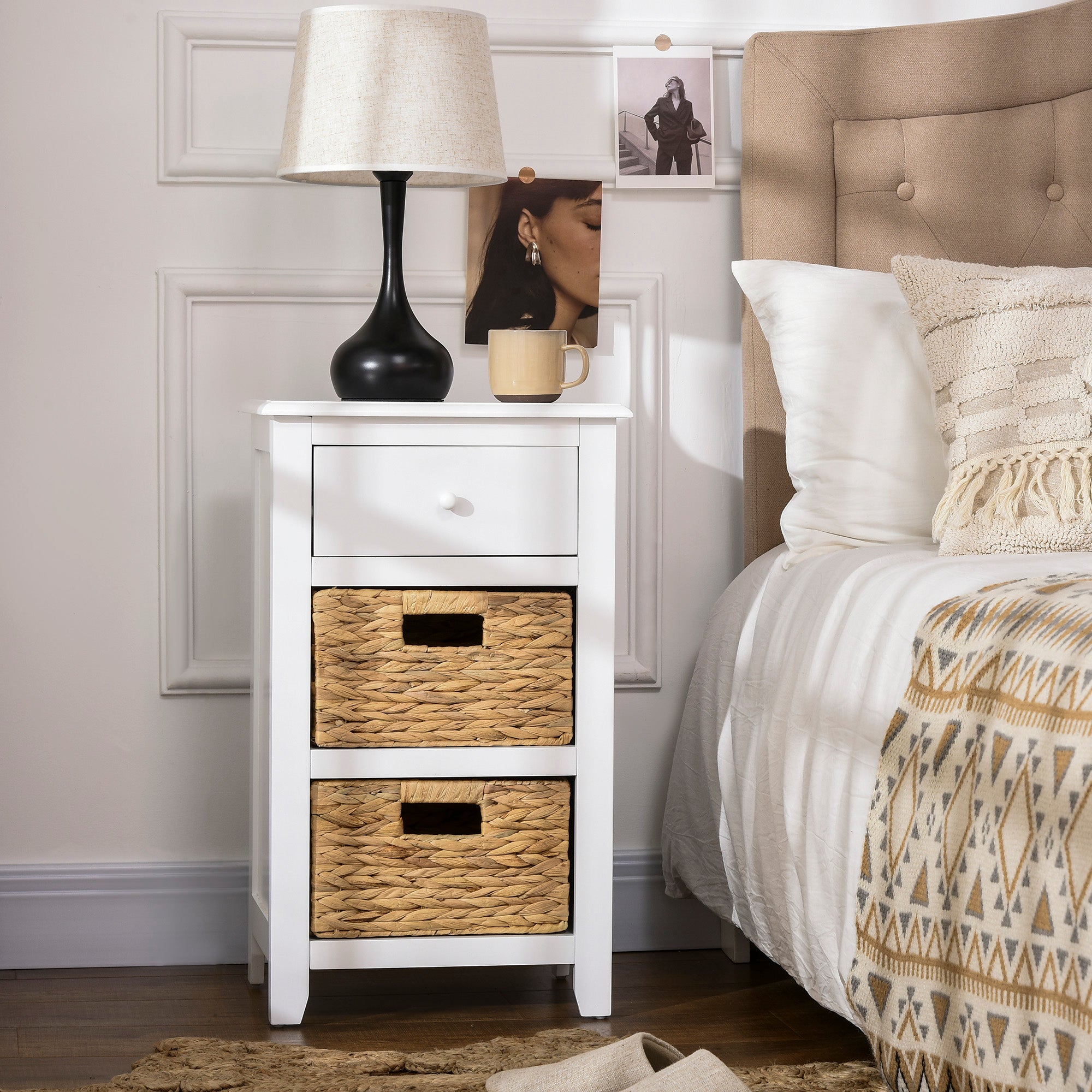 HOMCOM Side Table, End Table with Removable Woven Baskets and Drawer, Bedside Table for Living Room, Bedroom, White