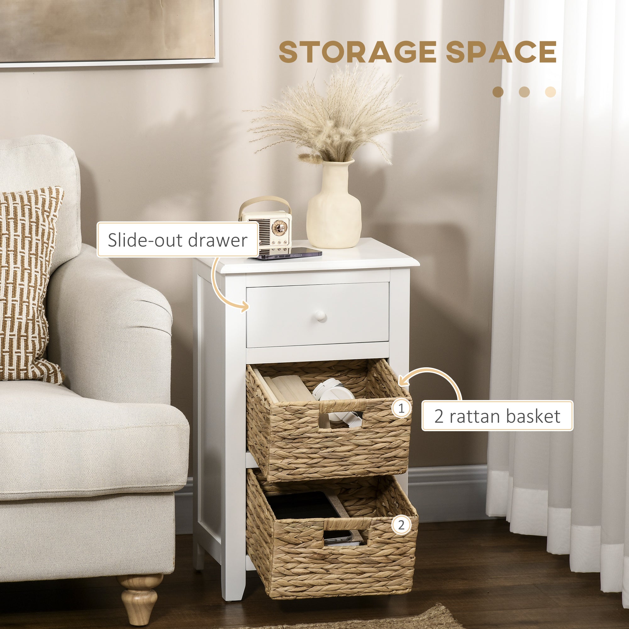HOMCOM Side Table, End Table with Removable Woven Baskets and Drawer, Bedside Table for Living Room, Bedroom, White
