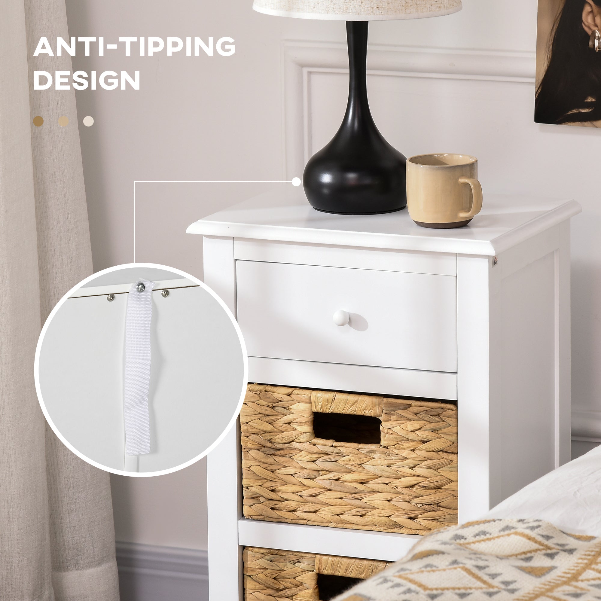 HOMCOM Side Table, End Table with Removable Woven Baskets and Drawer, Bedside Table for Living Room, Bedroom, White