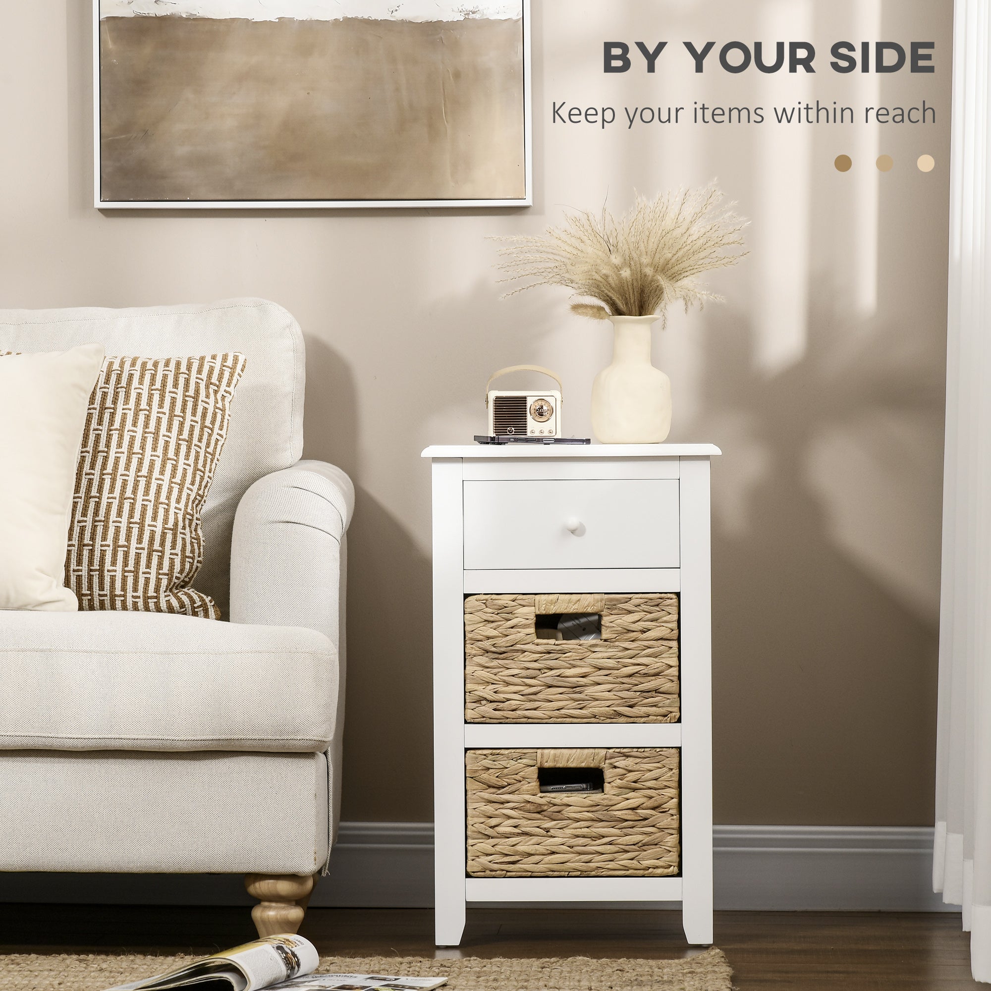 HOMCOM Side Table, End Table with Removable Woven Baskets and Drawer, Bedside Table for Living Room, Bedroom, White