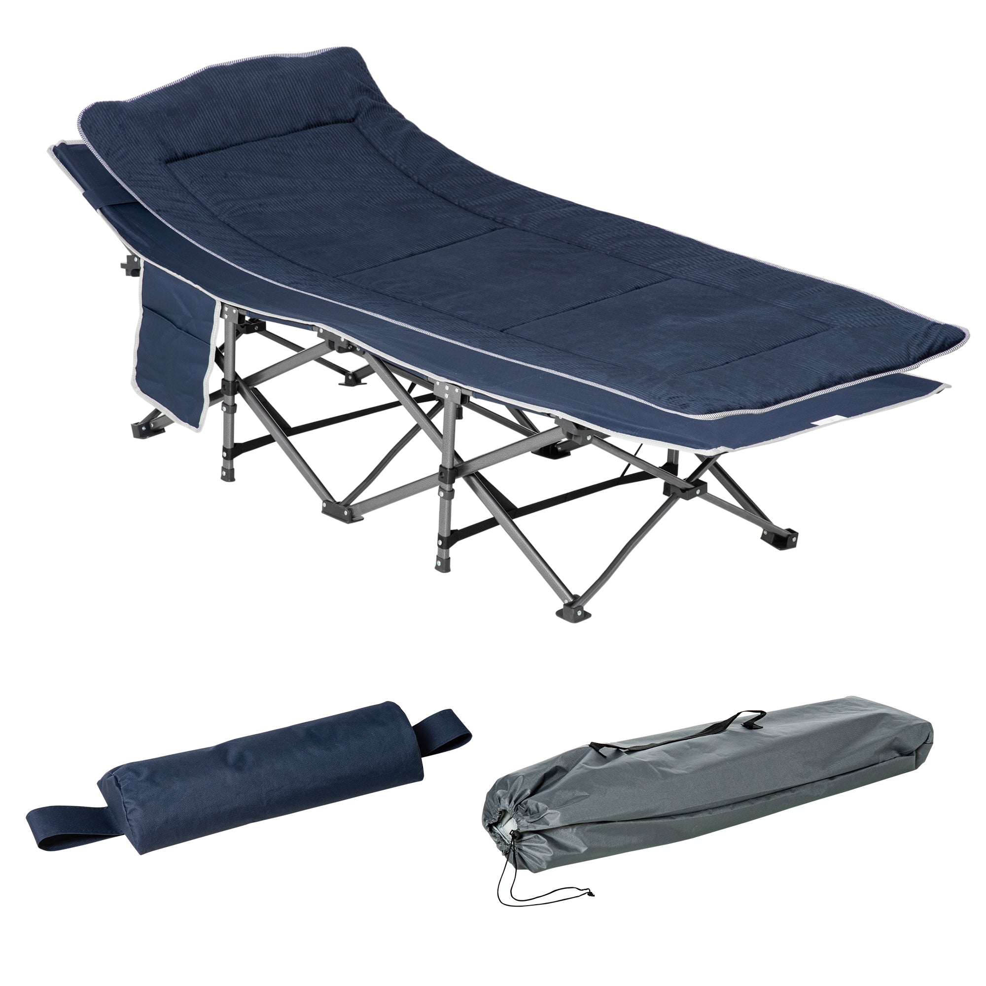 Outsunny Folding Camping Cot for Adults with Mattress & Pillow, Double Layer Oxford Heavy Duty Sleeping Cot with Carry Bag, Portable Travel Camp Cots for Indoor Outdoor, Dark Blue