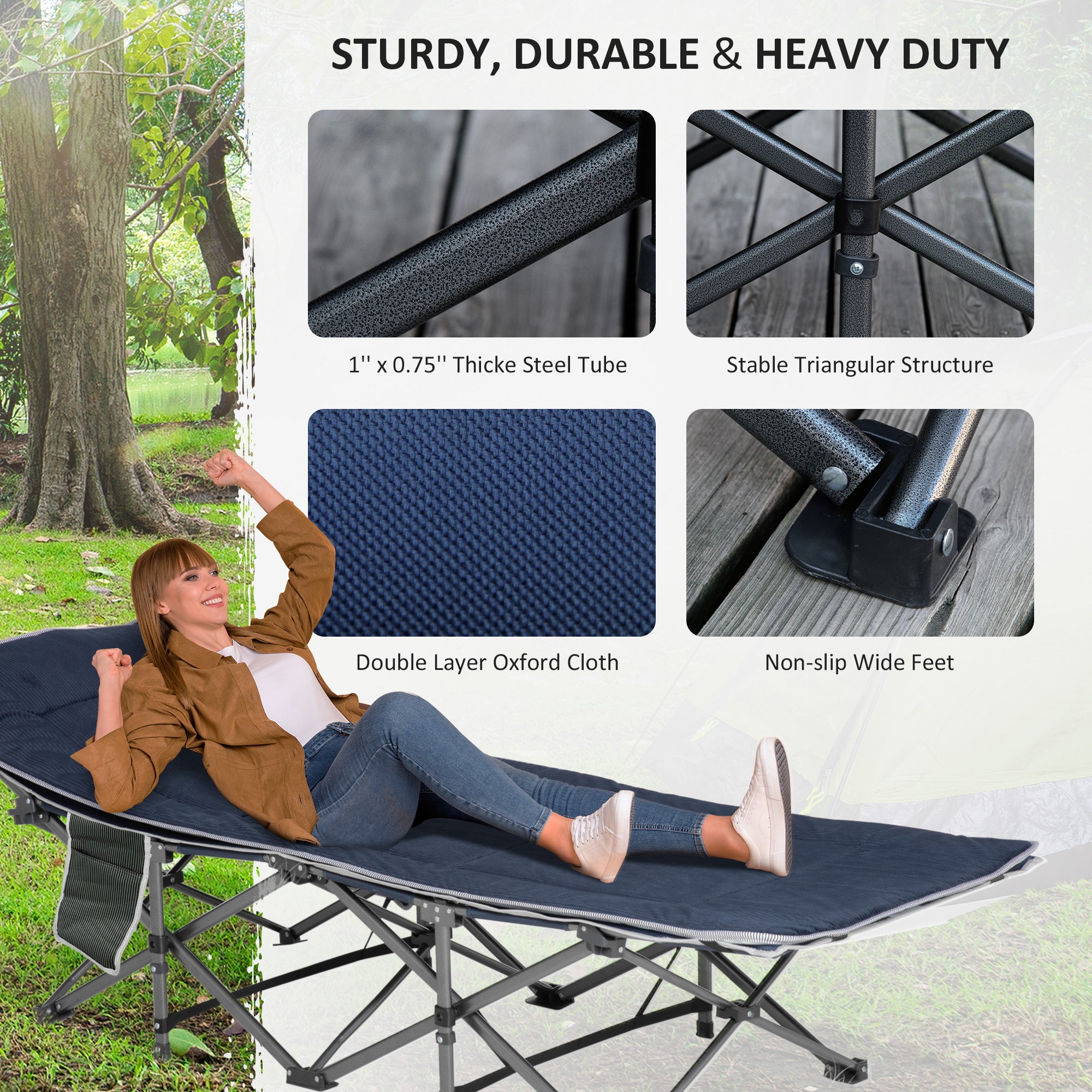 Outsunny Folding Camping Cot for Adults with Mattress & Pillow, Double Layer Oxford Heavy Duty Sleeping Cot with Carry Bag, Portable Travel Camp Cots for Indoor Outdoor, Dark Blue