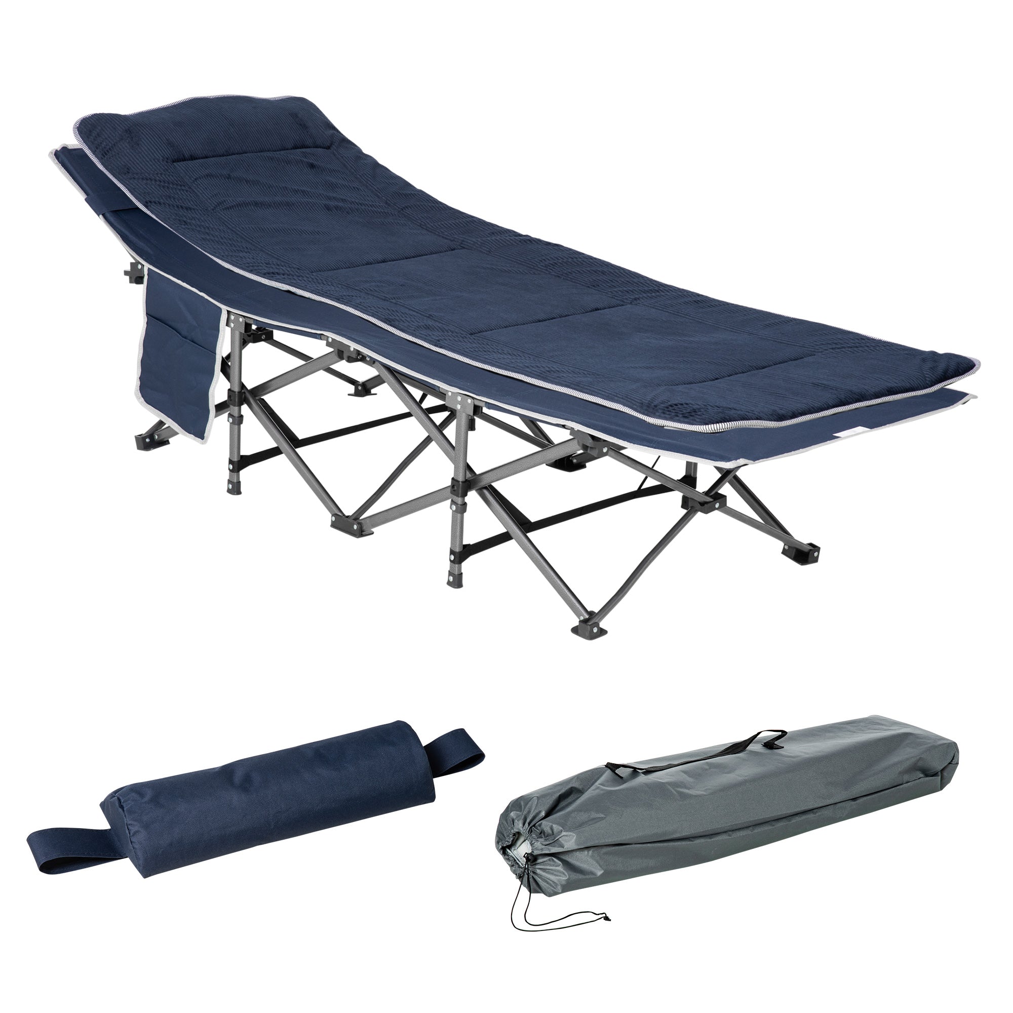 Outsunny Folding Camping Cot for Adults with Mattress & Pillow, Double Layer Oxford Heavy Duty Sleeping Cot with Carry Bag, Portable Travel Camp Cots for Indoor Outdoor, Dark Blue