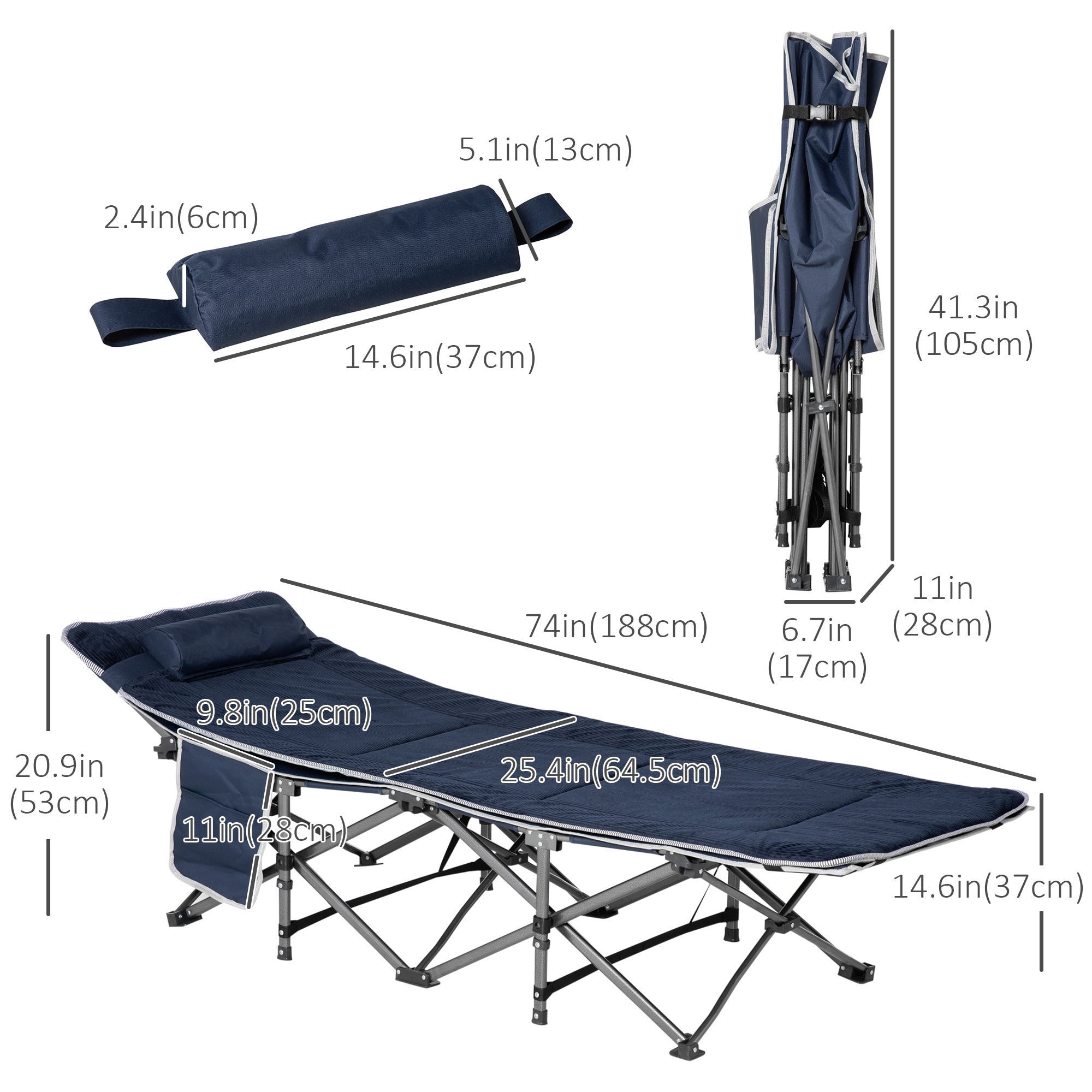 Outsunny Folding Camping Cot for Adults with Mattress & Pillow, Double Layer Oxford Heavy Duty Sleeping Cot with Carry Bag, Portable Travel Camp Cots for Indoor Outdoor, Dark Blue