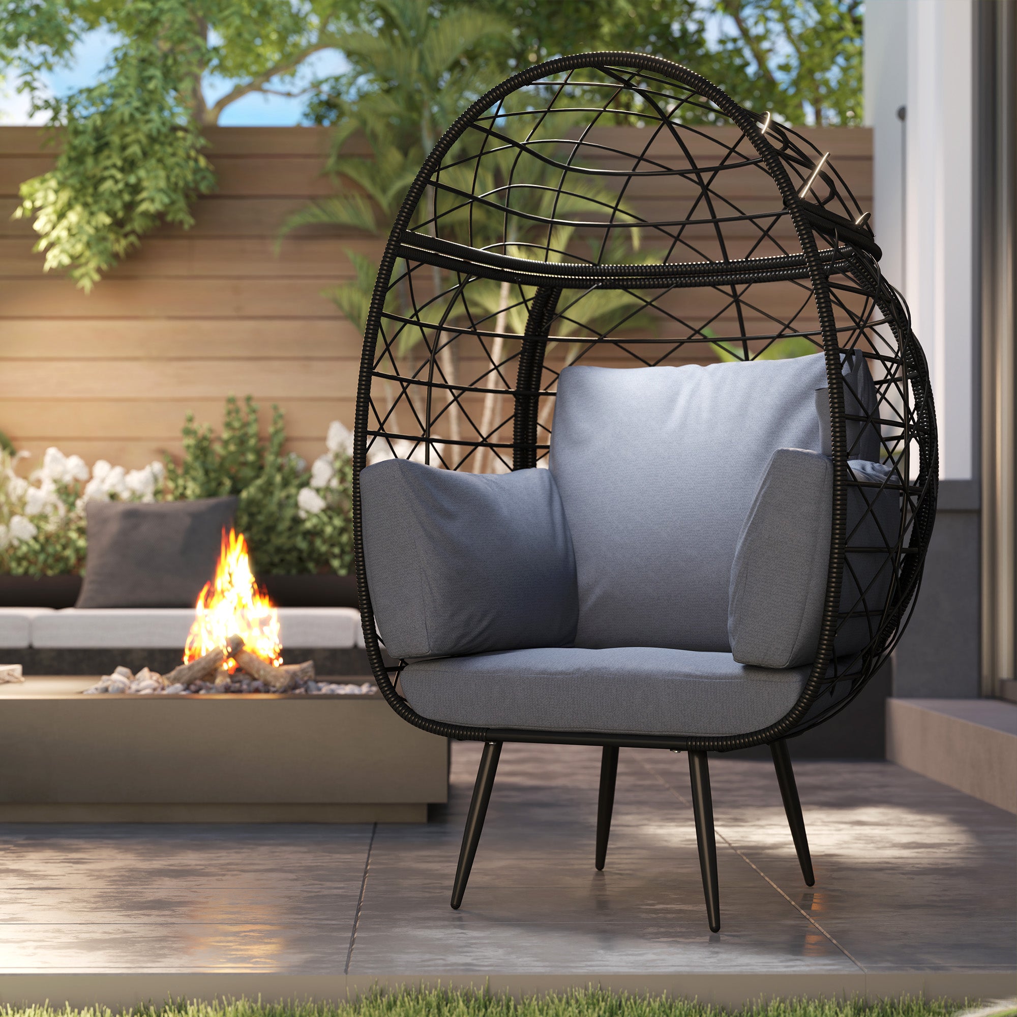 Outsunny Rattan Wicker Egg Chair, Indoor Outdoor Lounge Chair with 4 Cushions, Steel Frame and Cup Holder for Backyard, Garden, Balcony, Lawn, Living Room, Grey