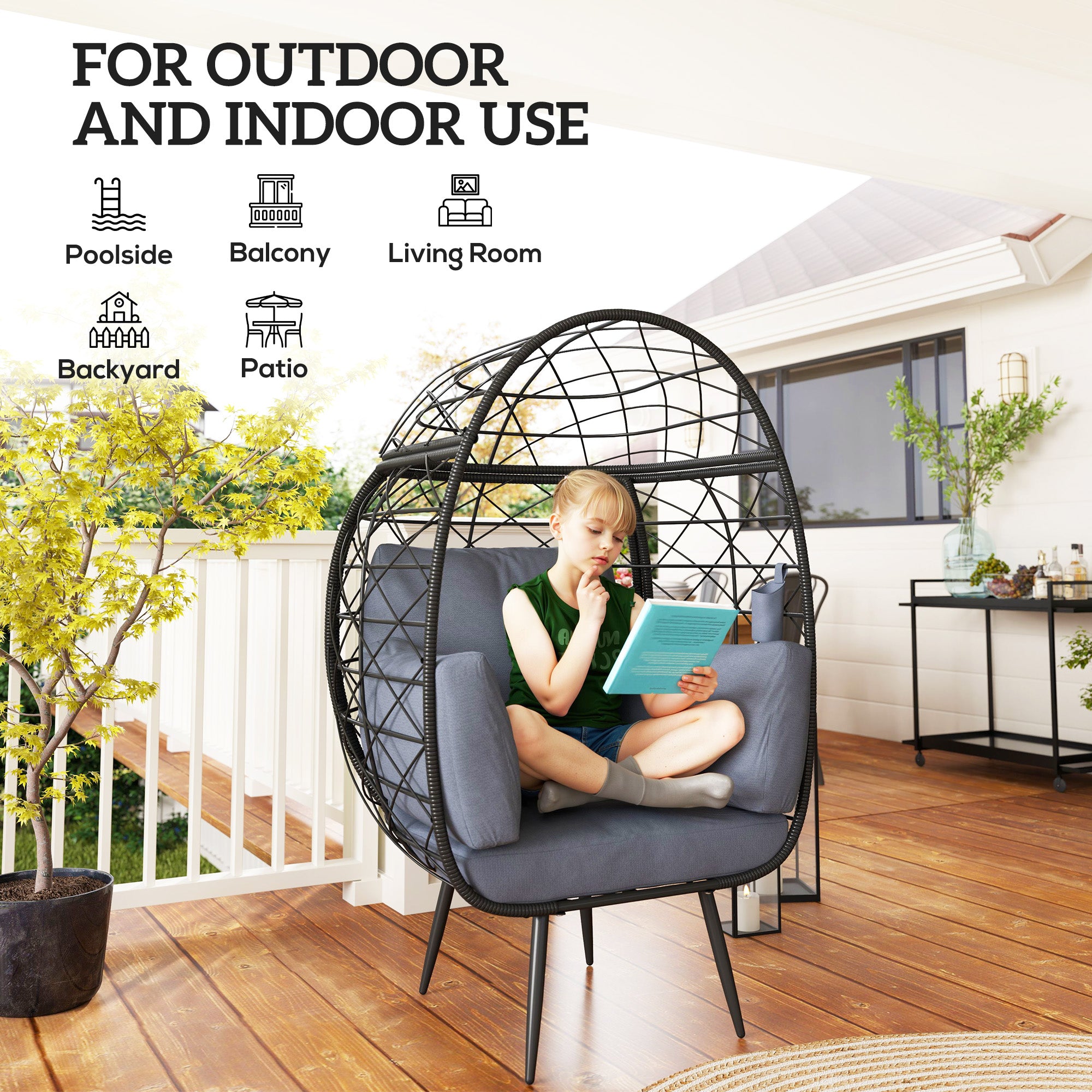 Outsunny Rattan Wicker Egg Chair, Indoor Outdoor Lounge Chair with 4 Cushions, Steel Frame and Cup Holder for Backyard, Garden, Balcony, Lawn, Living Room, Grey