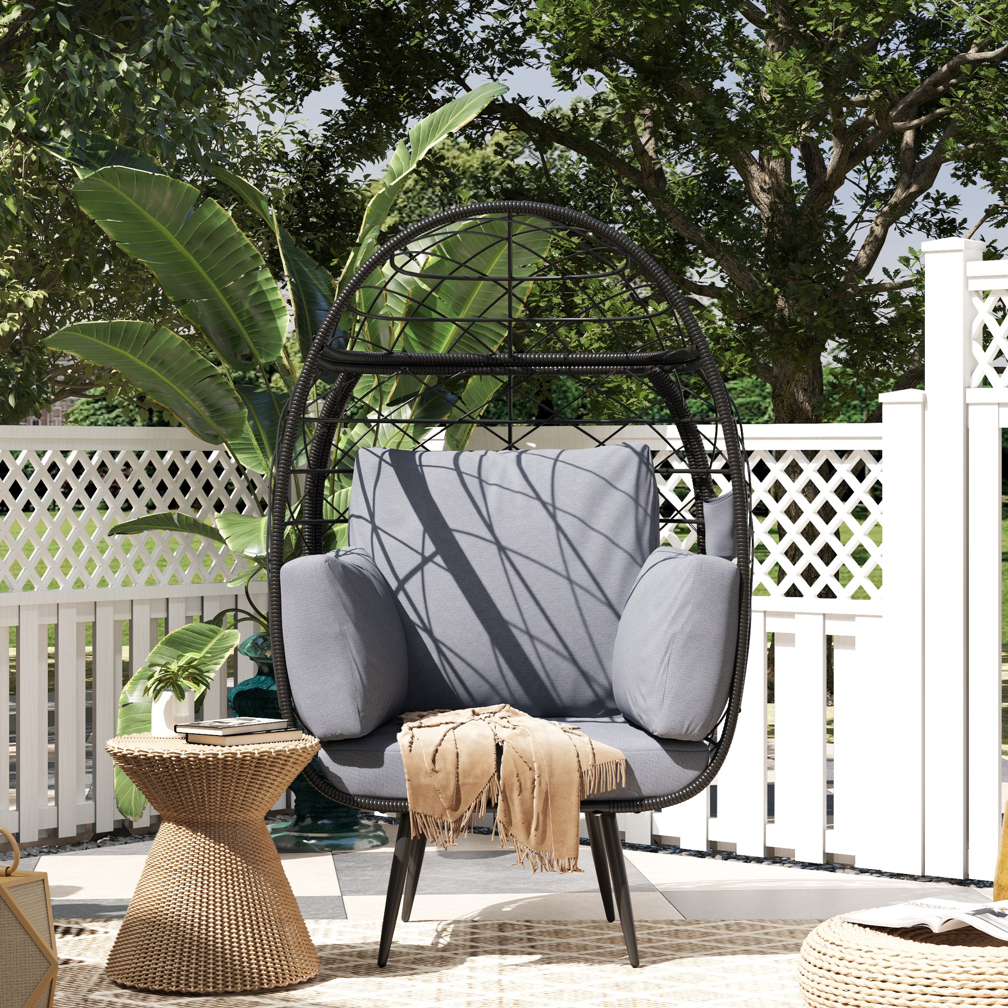 Outsunny Rattan Wicker Egg Chair, Indoor Outdoor Lounge Chair with 4 Cushions, Steel Frame and Cup Holder for Backyard, Garden, Balcony, Lawn, Living Room, Grey