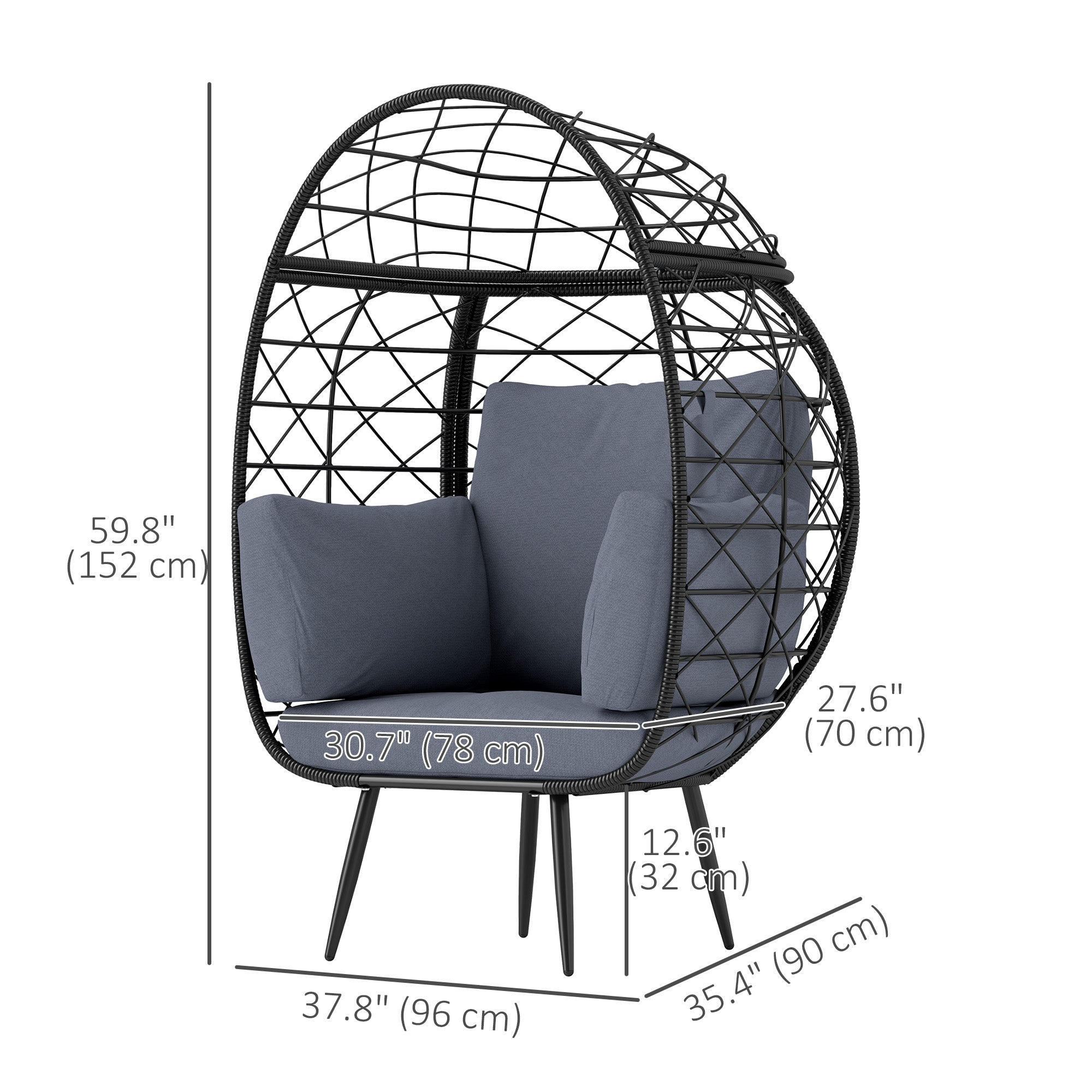 Outsunny Rattan Wicker Egg Chair, Indoor Outdoor Lounge Chair with 4 Cushions, Steel Frame and Cup Holder for Backyard, Garden, Balcony, Lawn, Living Room, Grey