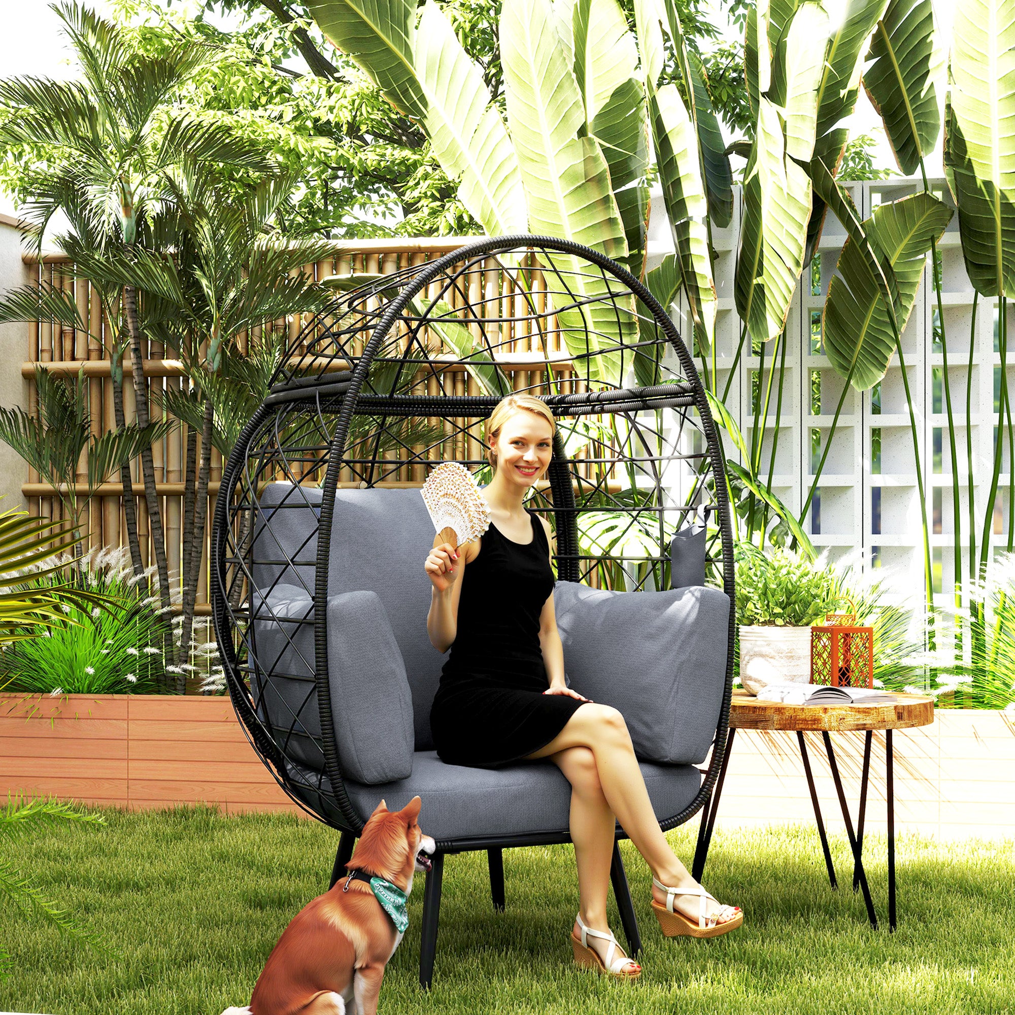 Outsunny Rattan Wicker Egg Chair, Indoor Outdoor Lounge Chair with 4 Cushions, Steel Frame and Cup Holder for Backyard, Garden, Balcony, Lawn, Living Room, Grey