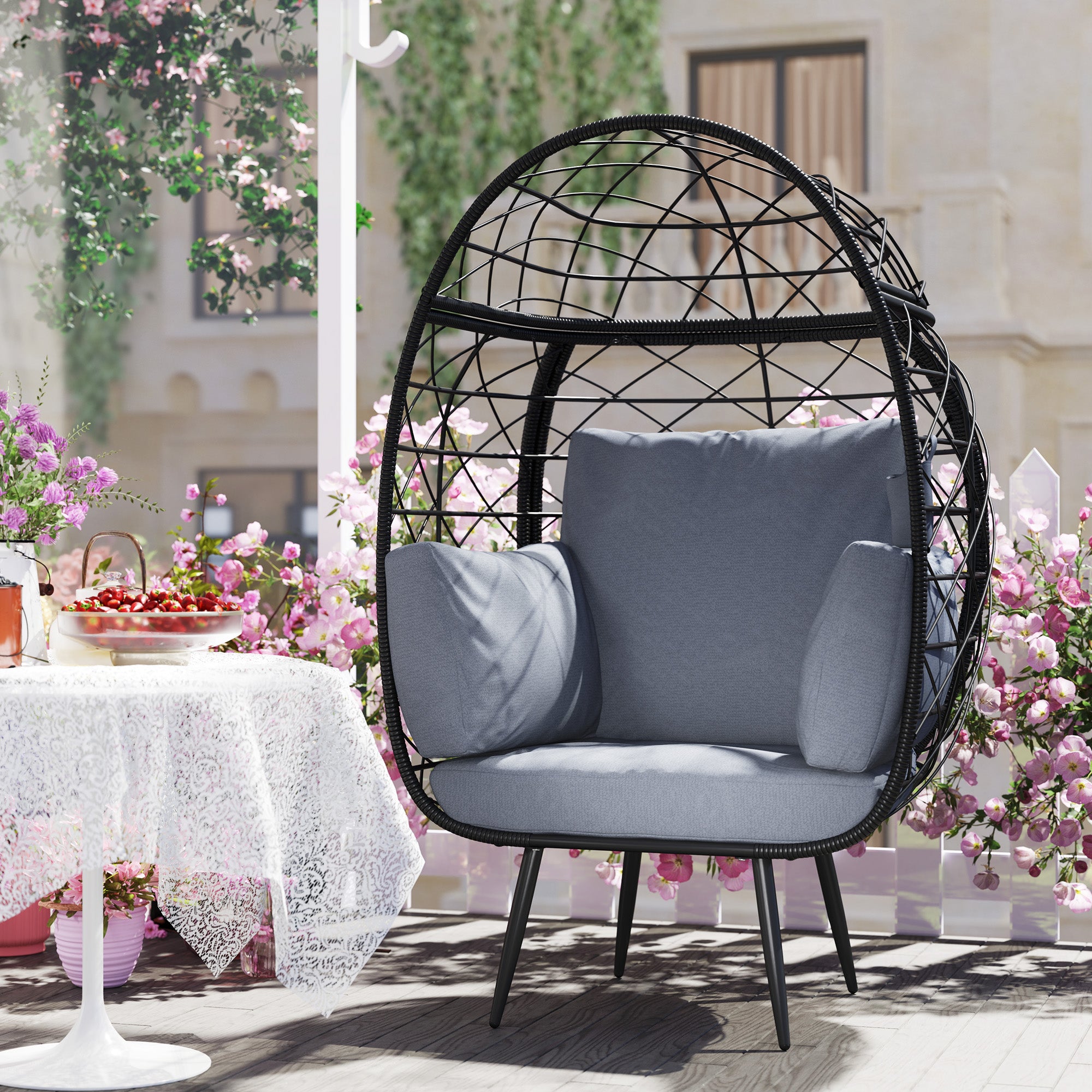 Outsunny Rattan Wicker Egg Chair, Indoor Outdoor Lounge Chair with 4 Cushions, Steel Frame and Cup Holder for Backyard, Garden, Balcony, Lawn, Living Room, Grey