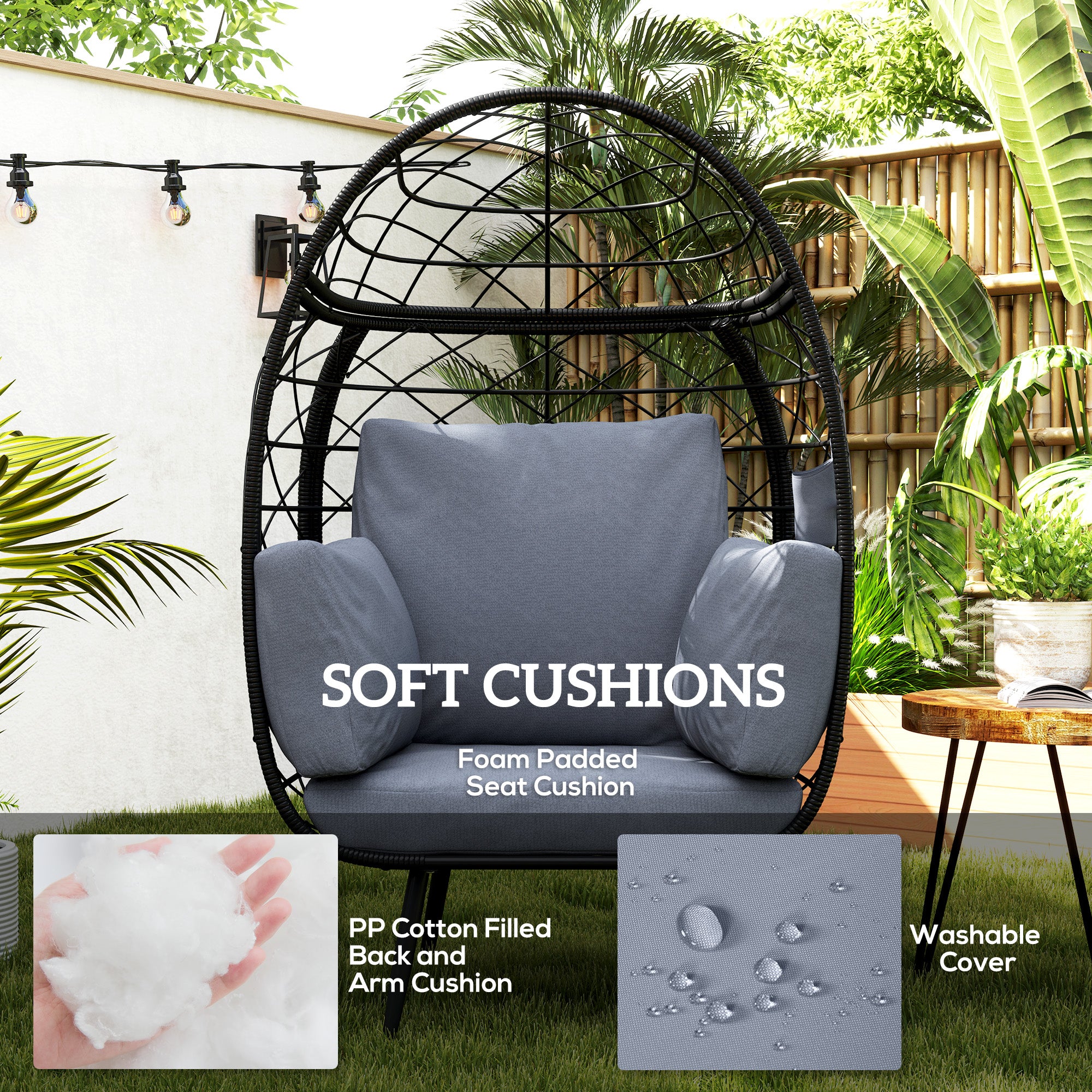 Outsunny Rattan Wicker Egg Chair, Indoor Outdoor Lounge Chair with 4 Cushions, Steel Frame and Cup Holder for Backyard, Garden, Balcony, Lawn, Living Room, Grey