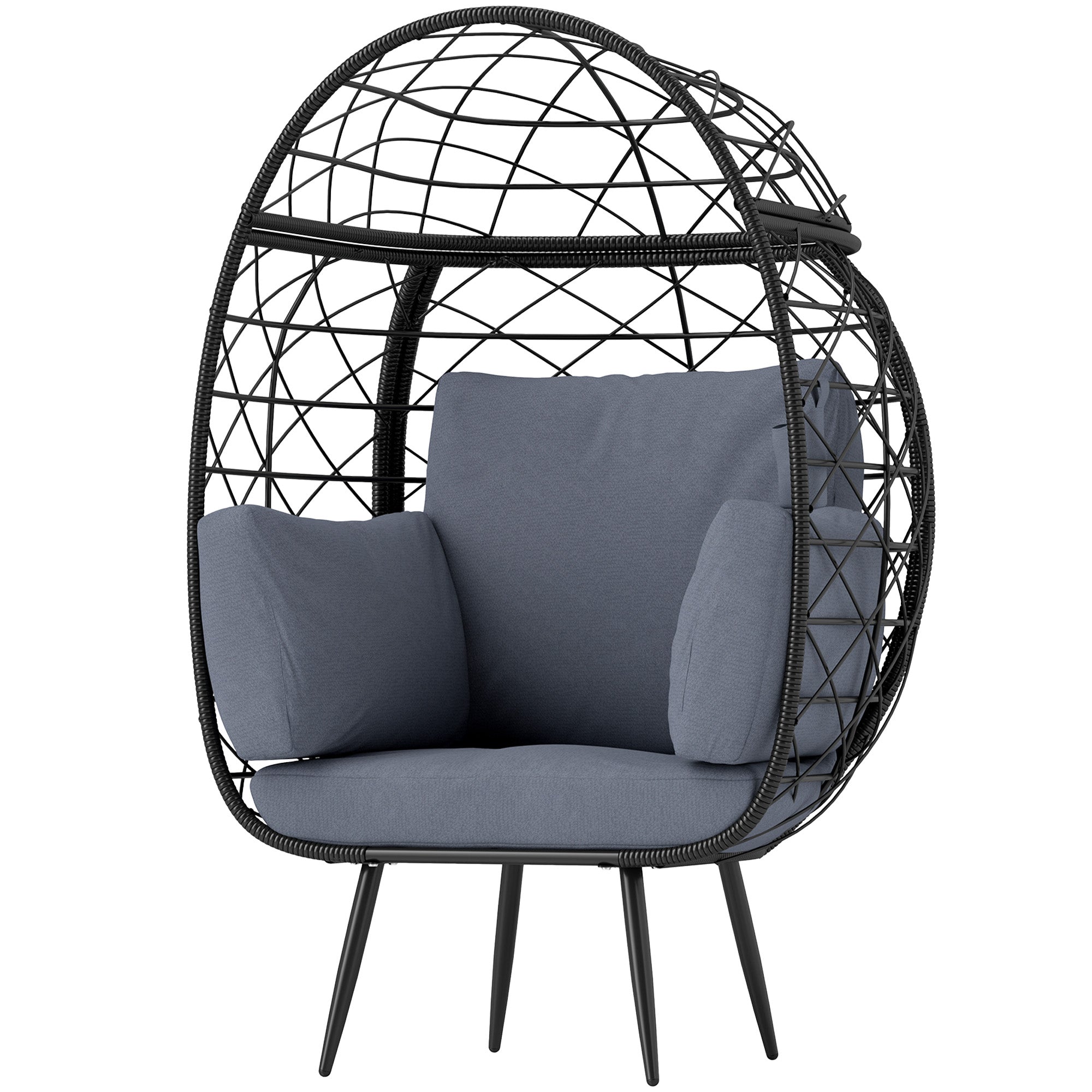 Outsunny Rattan Wicker Egg Chair, Indoor Outdoor Lounge Chair with 4 Cushions, Steel Frame and Cup Holder for Backyard, Garden, Balcony, Lawn, Living Room, Grey