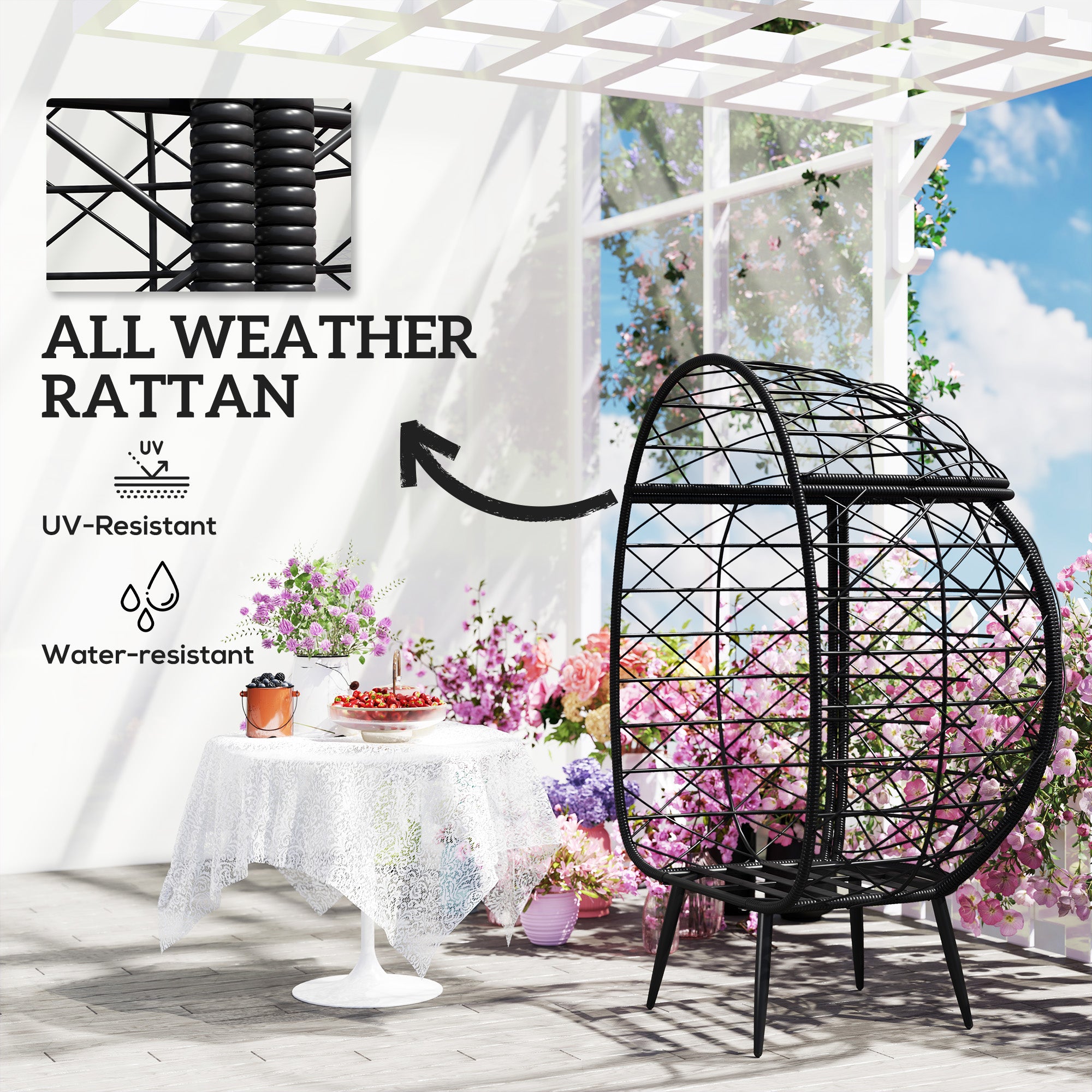 Outsunny Rattan Wicker Egg Chair, Indoor Outdoor Lounge Chair with 4 Cushions, Steel Frame and Cup Holder for Backyard, Garden, Balcony, Lawn, Living Room, Grey