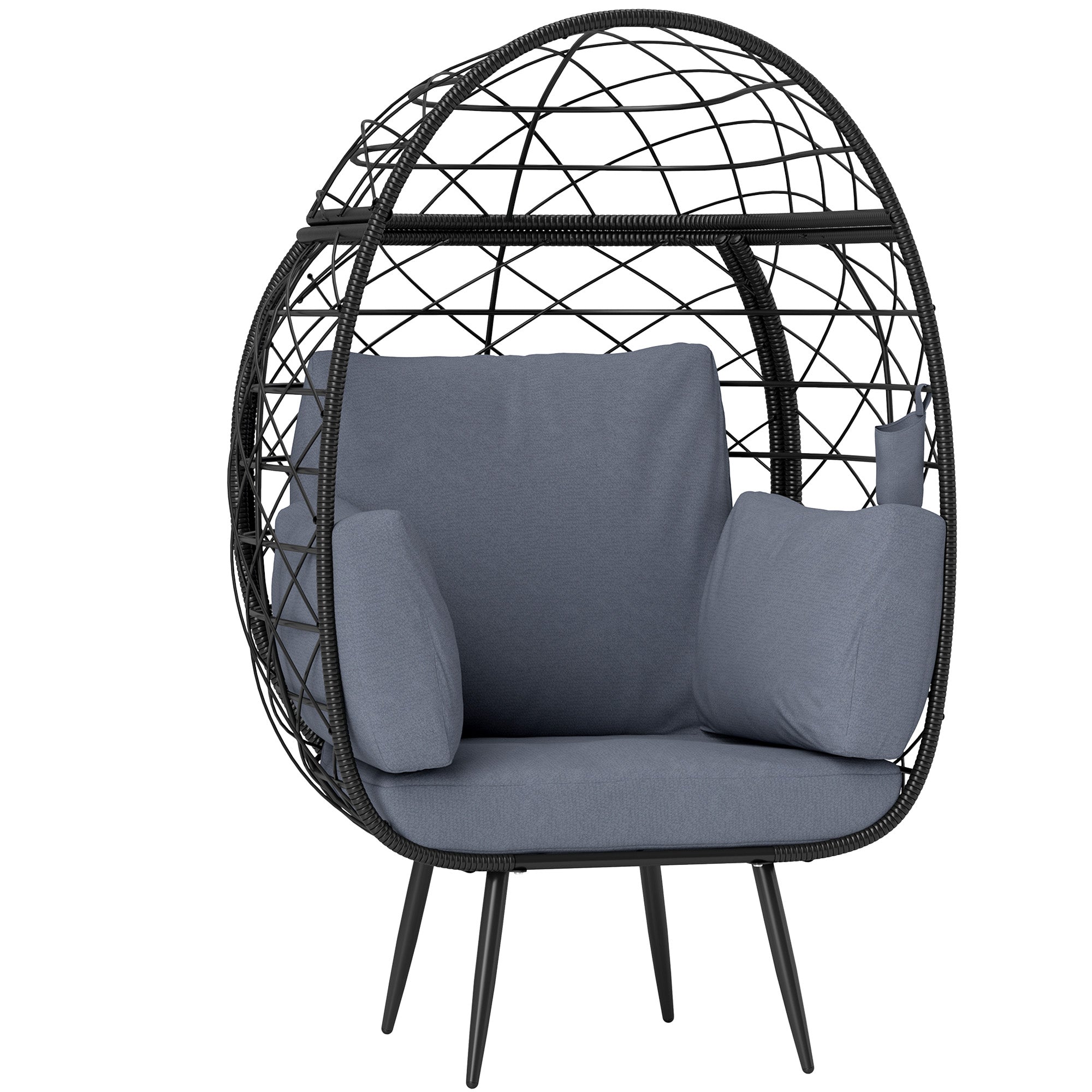 Outsunny Rattan Wicker Egg Chair, Indoor Outdoor Lounge Chair with 4 Cushions, Steel Frame and Cup Holder for Backyard, Garden, Balcony, Lawn, Living Room, Grey
