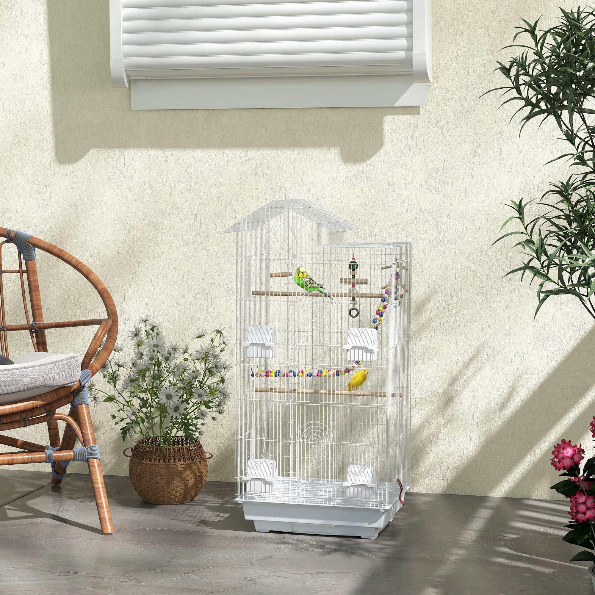 PawHut Bird Cage for Budgies, Finches, Canaries w/ Accessories, Toys, Tray, Handle, 46 x 36 x 100cm -White