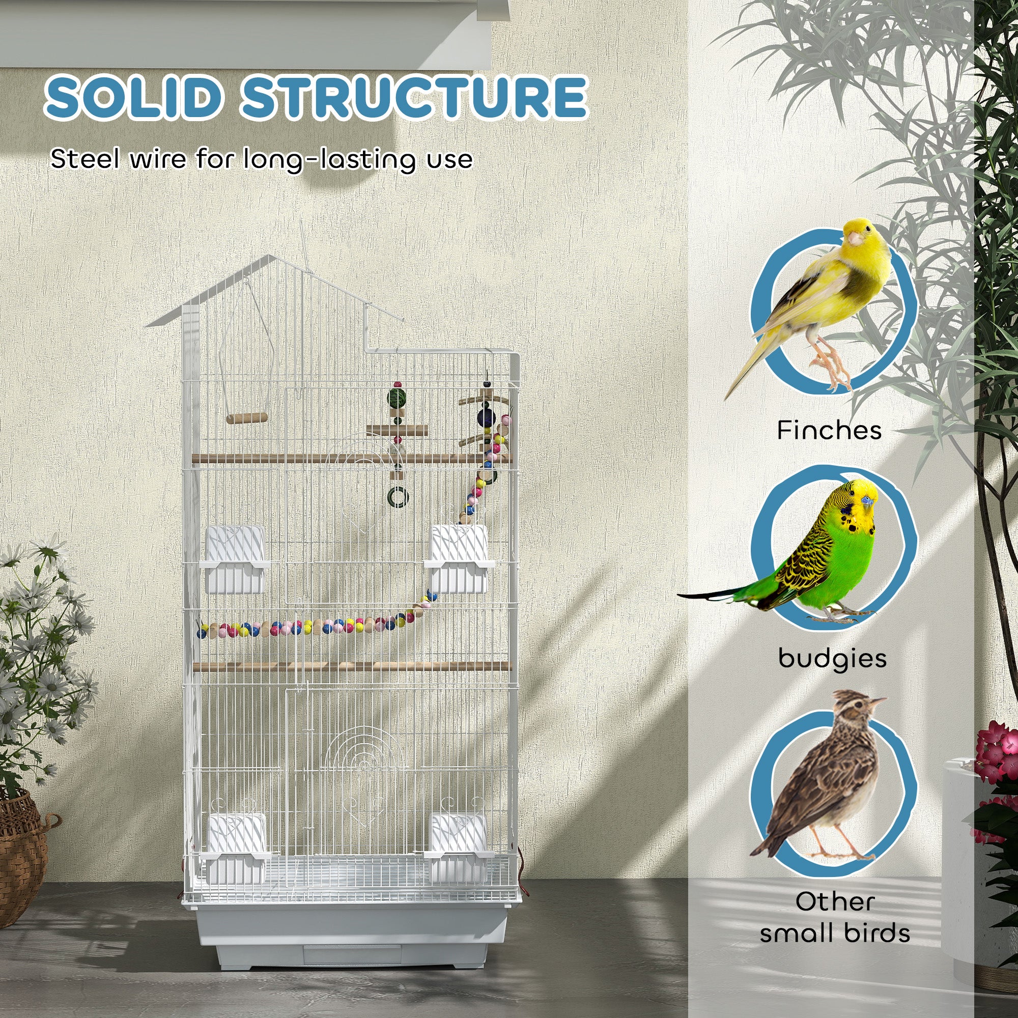 PawHut Bird Cage for Budgies, Finches, Canaries w/ Accessories, Toys, Tray, Handle, 46 x 36 x 100cm -White