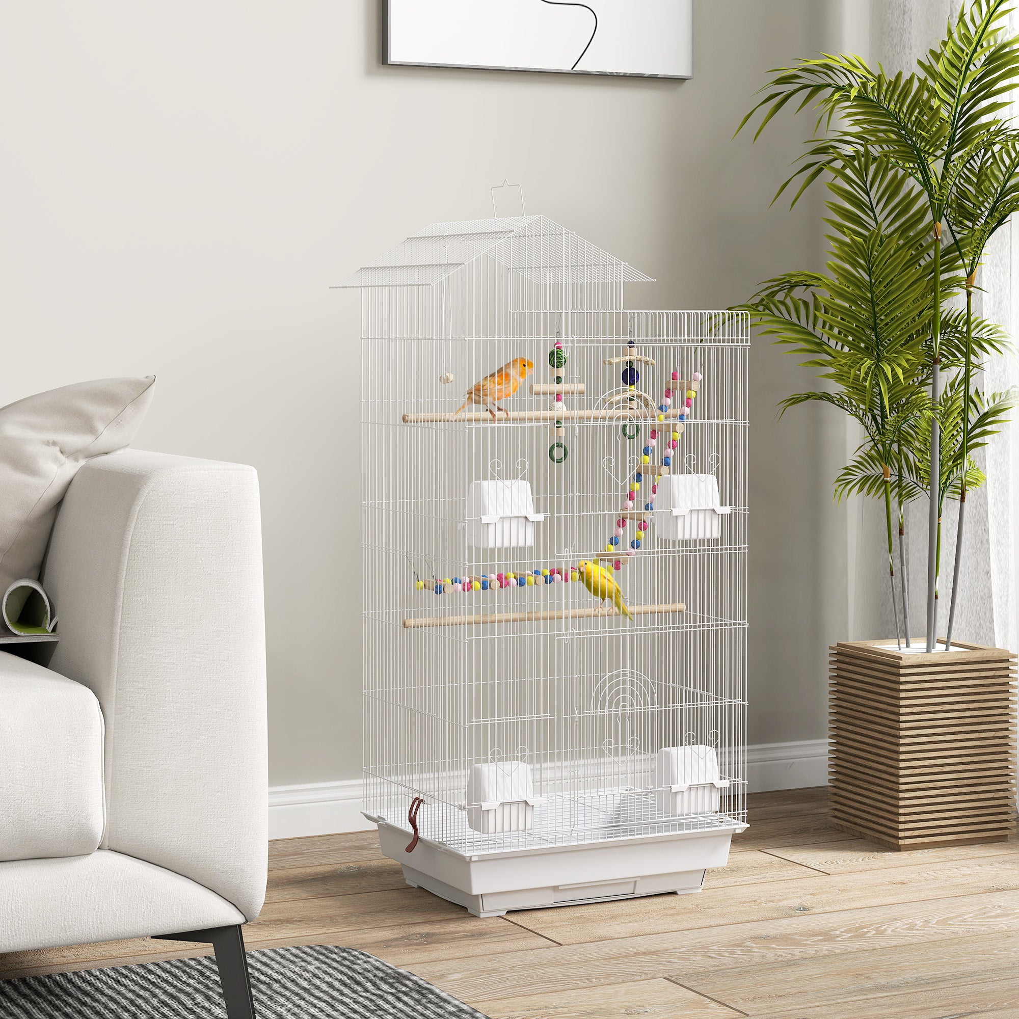 PawHut Bird Cage for Budgies, Finches, Canaries w/ Accessories, Toys, Tray, Handle, 46 x 36 x 100cm -White
