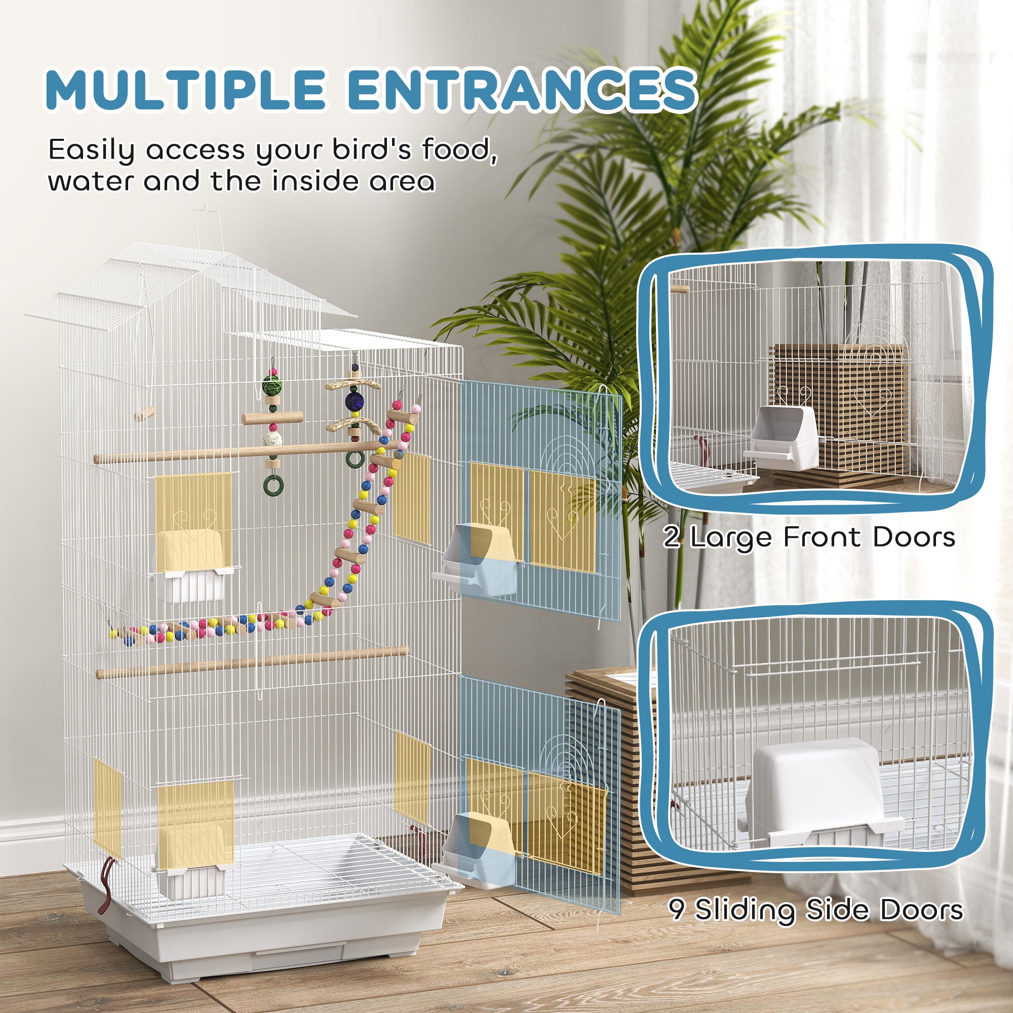 PawHut Bird Cage for Budgies, Finches, Canaries w/ Accessories, Toys, Tray, Handle, 46 x 36 x 100cm -White