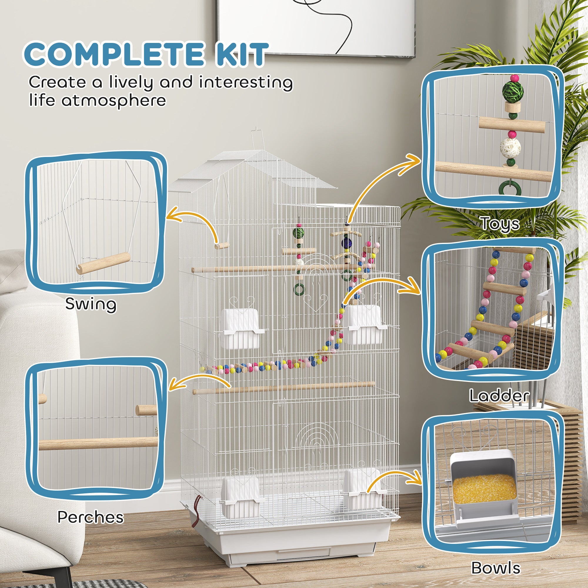 PawHut Bird Cage for Budgies, Finches, Canaries w/ Accessories, Toys, Tray, Handle, 46 x 36 x 100cm -White