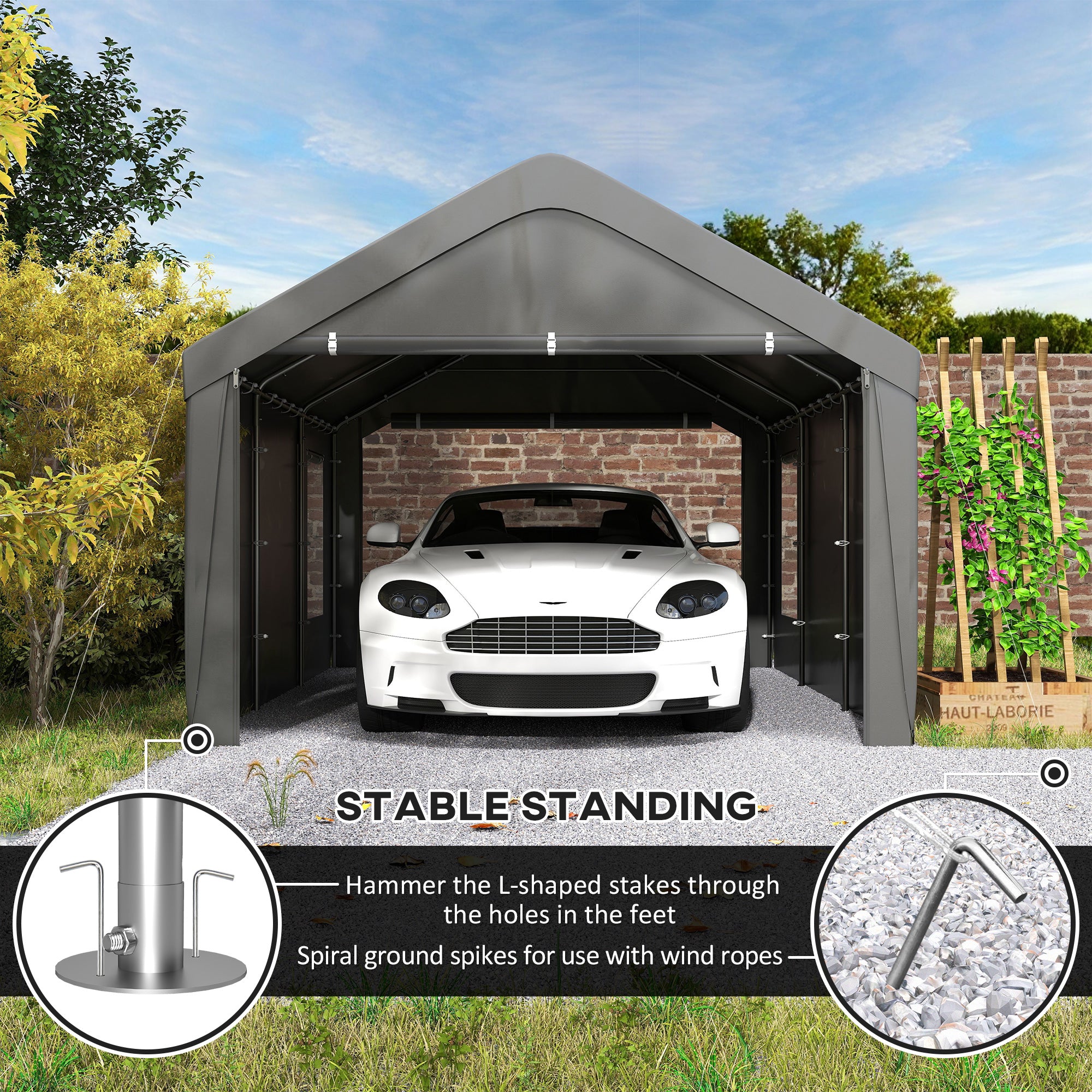 Outsunny Carport, 12 x 20ft Portable Garage with 2 Roll-Up Doors and 4 Windows, Heavy Duty Outdoor Car Shelter with Removable Sidewalls for Car, Truck, Garden Tools, Dark Grey