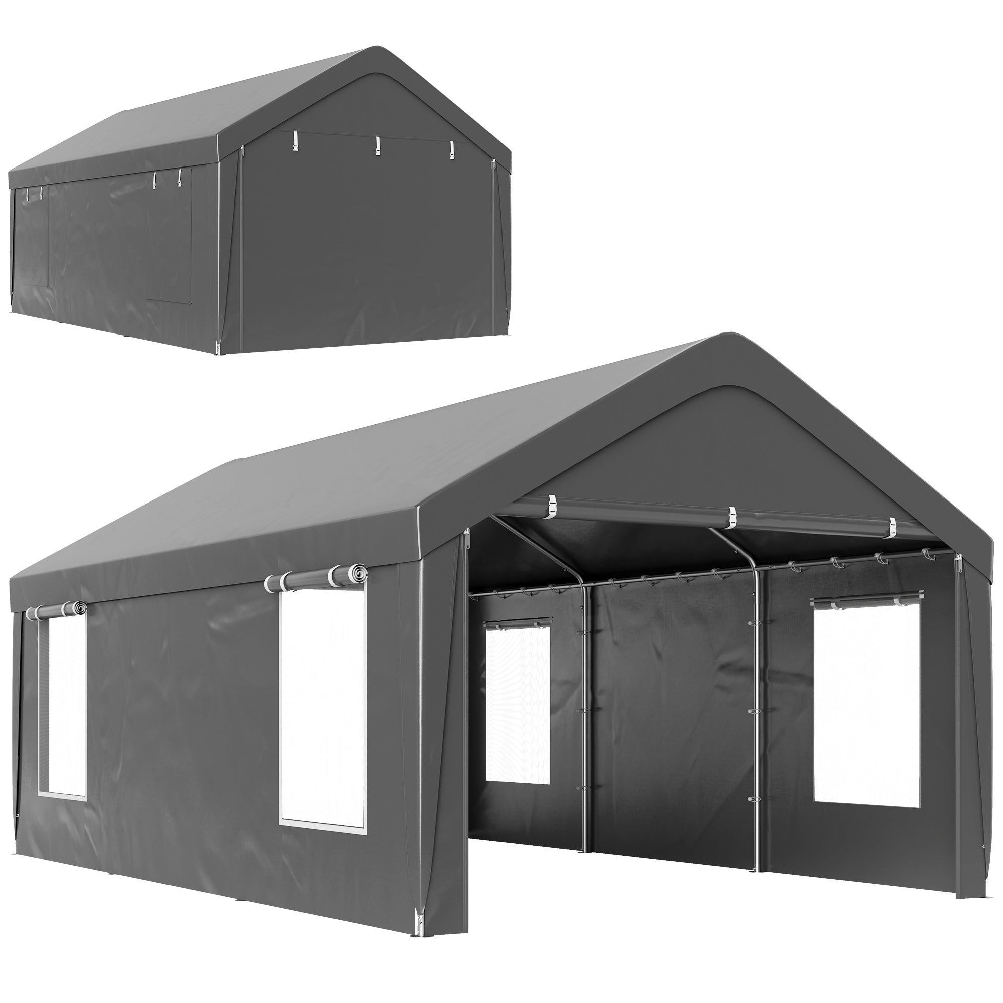 Outsunny Carport, 12 x 20ft Portable Garage with 2 Roll-Up Doors and 4 Windows, Heavy Duty Outdoor Car Shelter with Removable Sidewalls for Car, Truck, Garden Tools, Dark Grey