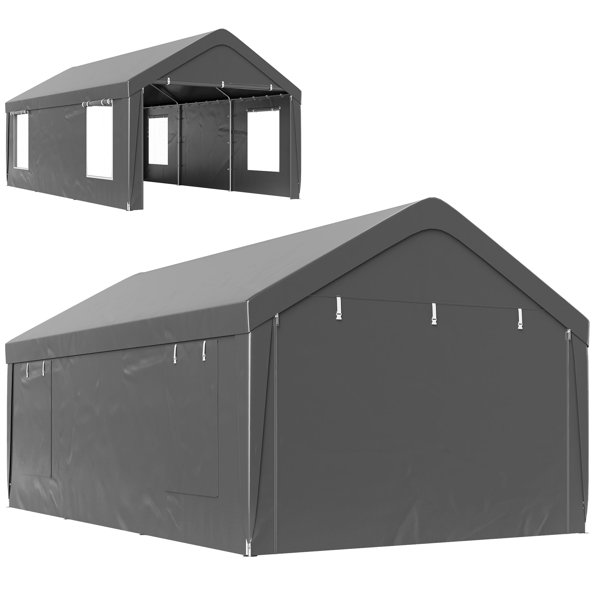 Outsunny Carport, 12 x 20ft Portable Garage with 2 Roll-Up Doors and 4 Windows, Heavy Duty Outdoor Car Shelter with Removable Sidewalls for Car, Truck, Garden Tools, Dark Grey