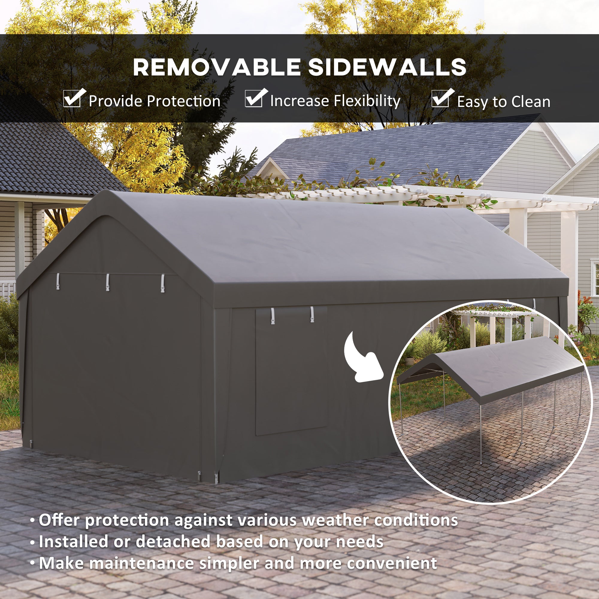 Outsunny Carport, 12 x 20ft Portable Garage with 2 Roll-Up Doors and 4 Windows, Heavy Duty Outdoor Car Shelter with Removable Sidewalls for Car, Truck, Garden Tools, Dark Grey