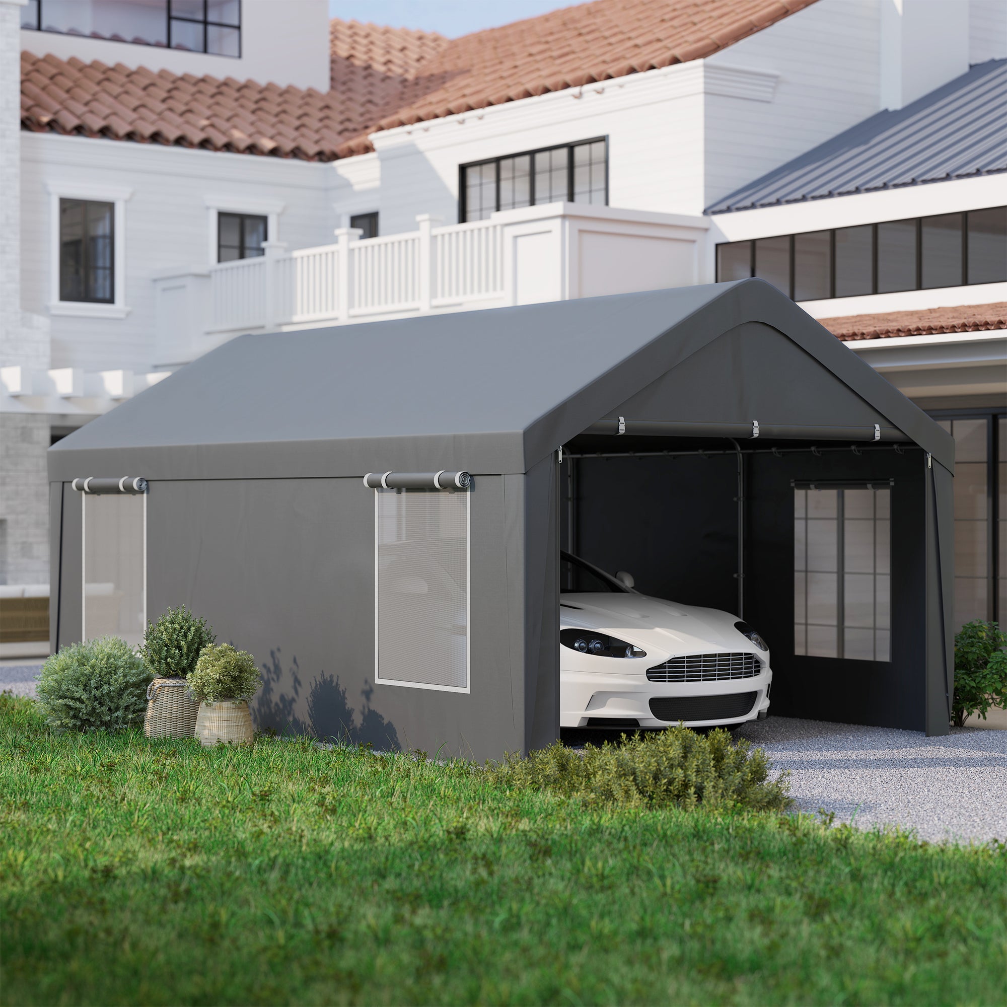 Outsunny Carport, 12 x 20ft Portable Garage with 2 Roll-Up Doors and 4 Windows, Heavy Duty Outdoor Car Shelter with Removable Sidewalls for Car, Truck, Garden Tools, Dark Grey