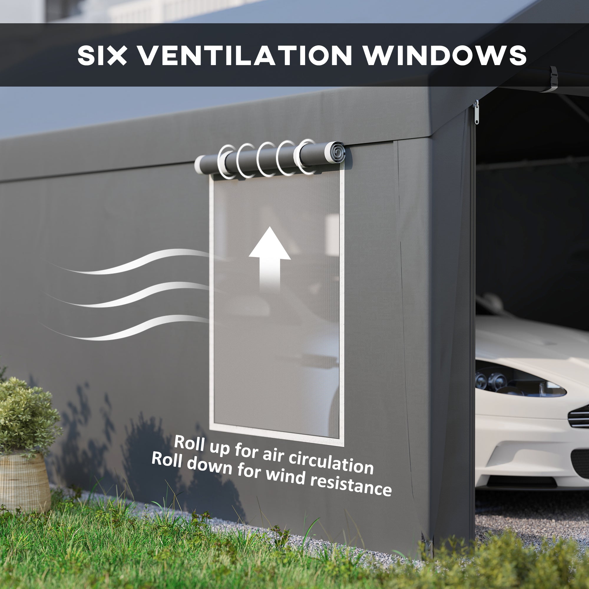 Outsunny Carport, 12 x 20ft Portable Garage with 2 Roll-Up Doors and 4 Windows, Heavy Duty Outdoor Car Shelter with Removable Sidewalls for Car, Truck, Garden Tools, Dark Grey