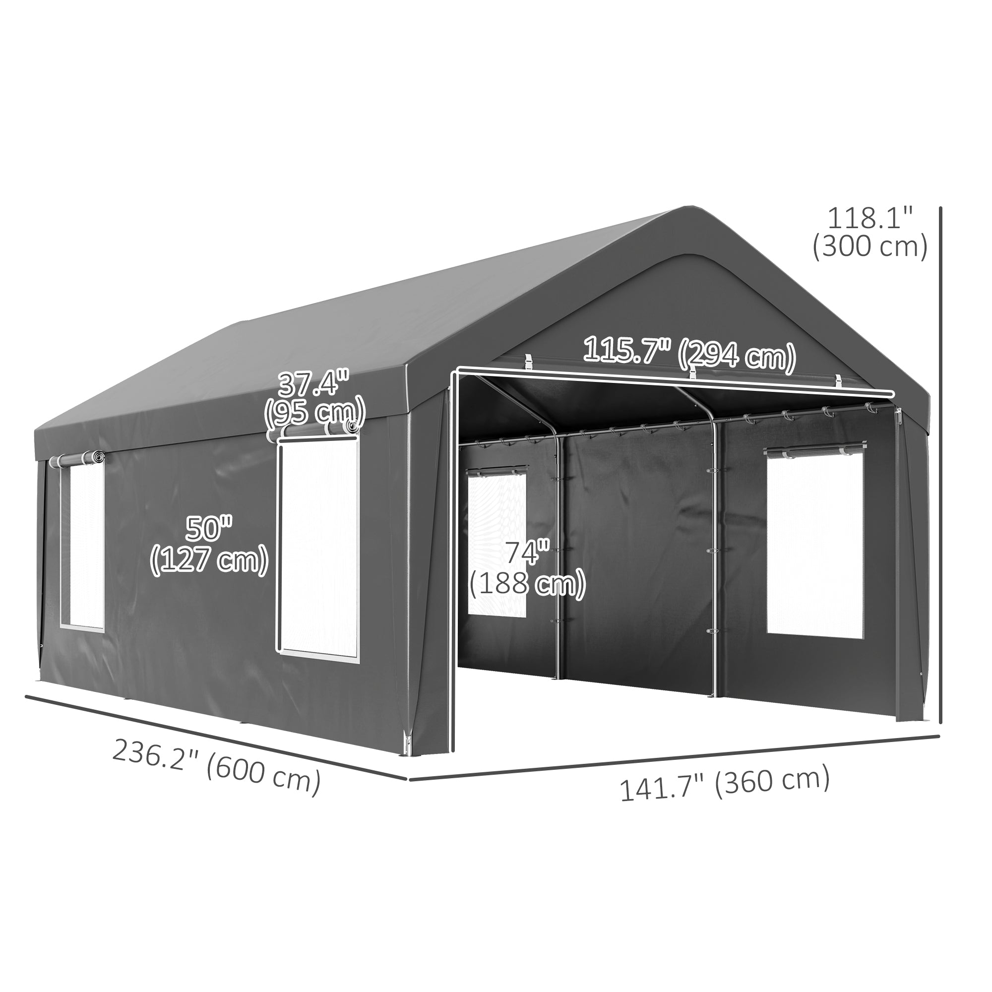 Outsunny Carport, 12 x 20ft Portable Garage with 2 Roll-Up Doors and 4 Windows, Heavy Duty Outdoor Car Shelter with Removable Sidewalls for Car, Truck, Garden Tools, Dark Grey