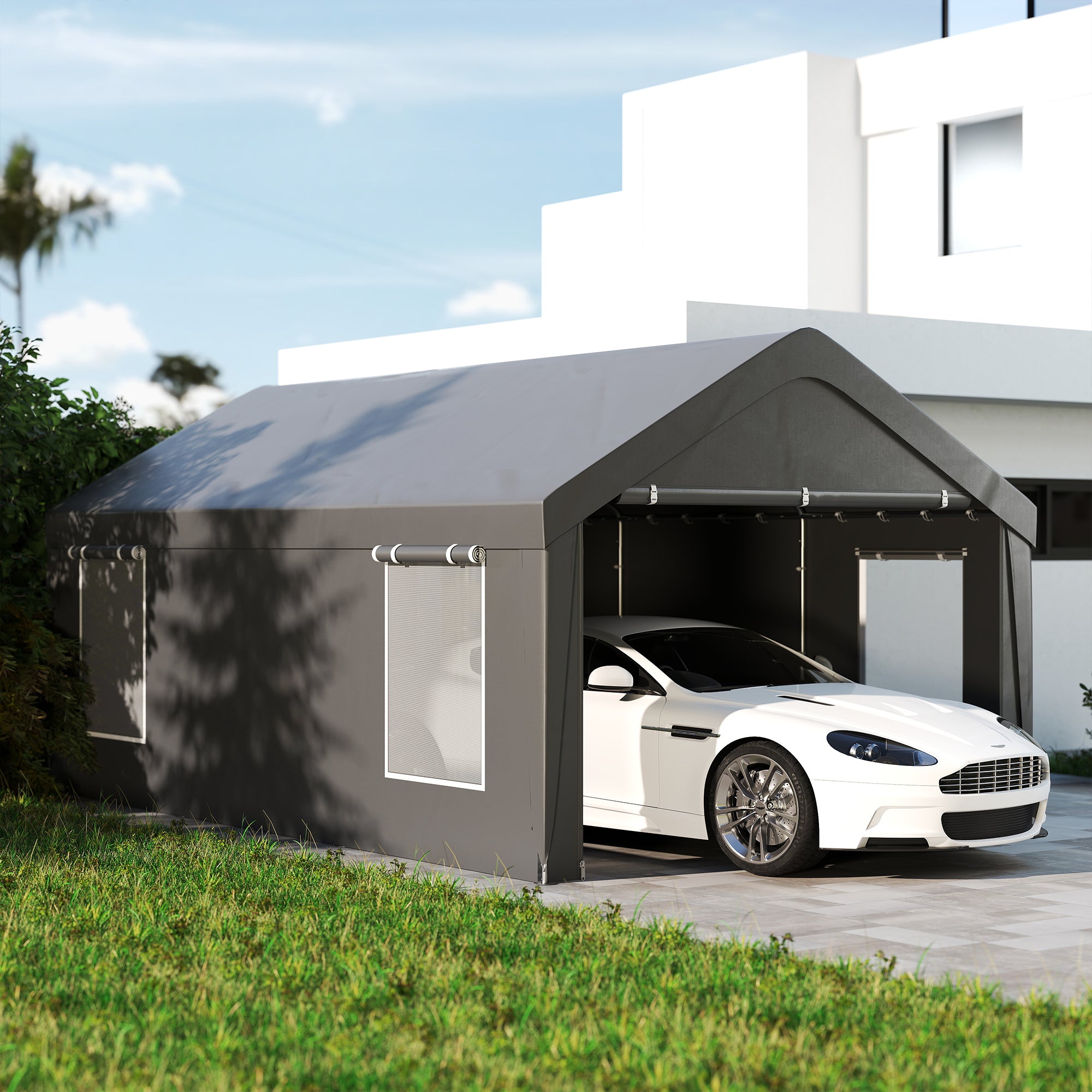 Outsunny Carport, 12 x 20ft Portable Garage with 2 Roll-Up Doors and 4 Windows, Heavy Duty Outdoor Car Shelter with Removable Sidewalls for Car, Truck, Garden Tools, Dark Grey