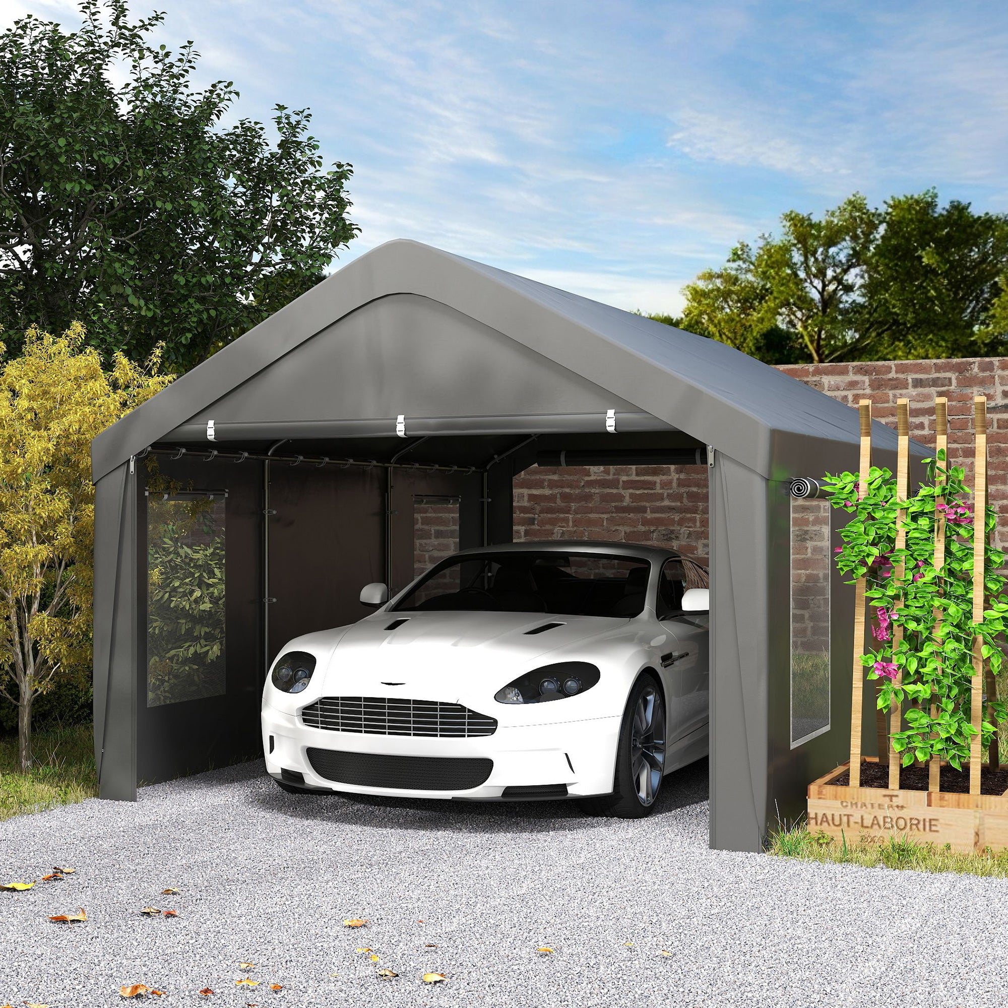 Outsunny Carport, 12 x 20ft Portable Garage with 2 Roll-Up Doors and 4 Windows, Heavy Duty Outdoor Car Shelter with Removable Sidewalls for Car, Truck, Garden Tools, Dark Grey