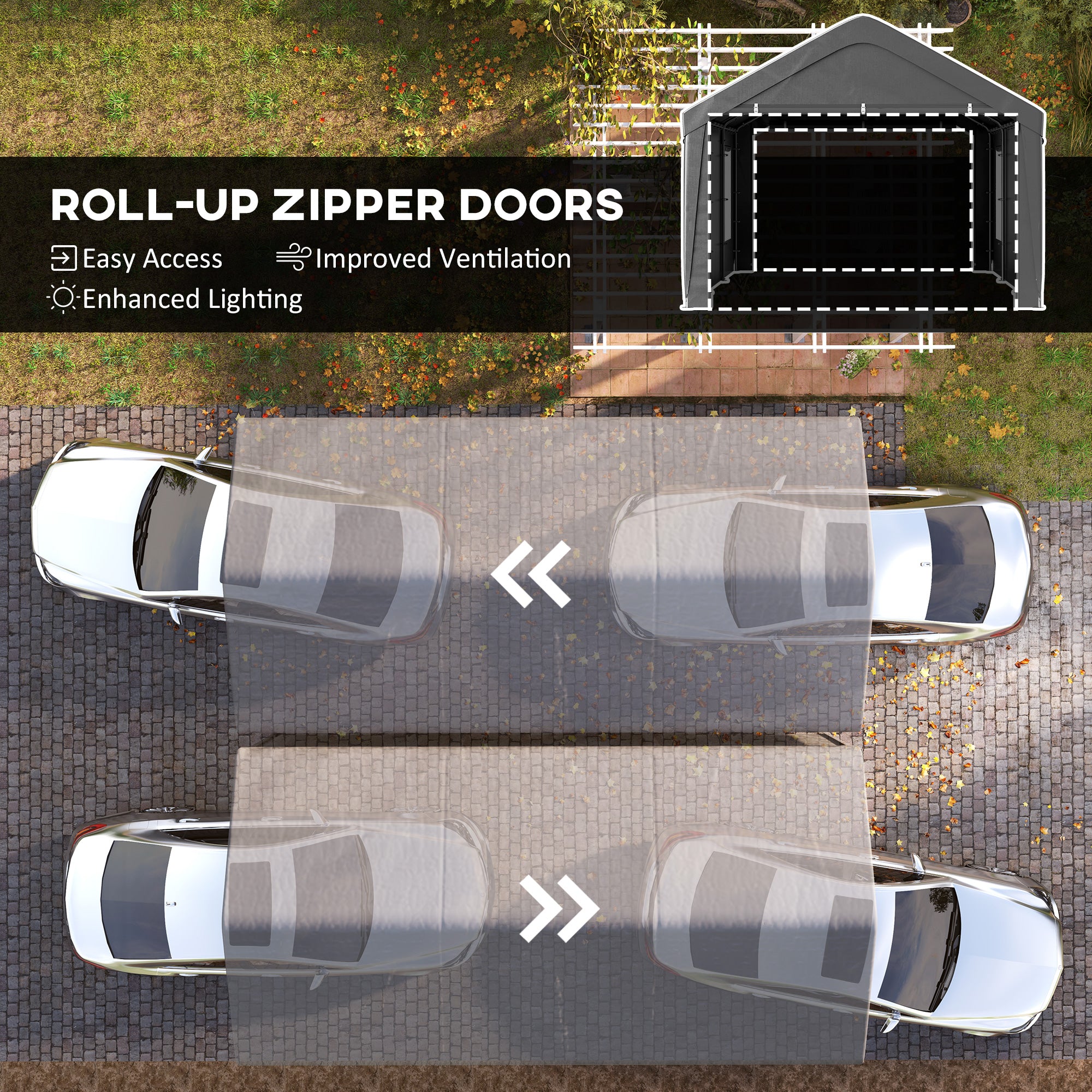 Outsunny Carport, 12 x 20ft Portable Garage with 2 Roll-Up Doors and 4 Windows, Heavy Duty Outdoor Car Shelter with Removable Sidewalls for Car, Truck, Garden Tools, Dark Grey