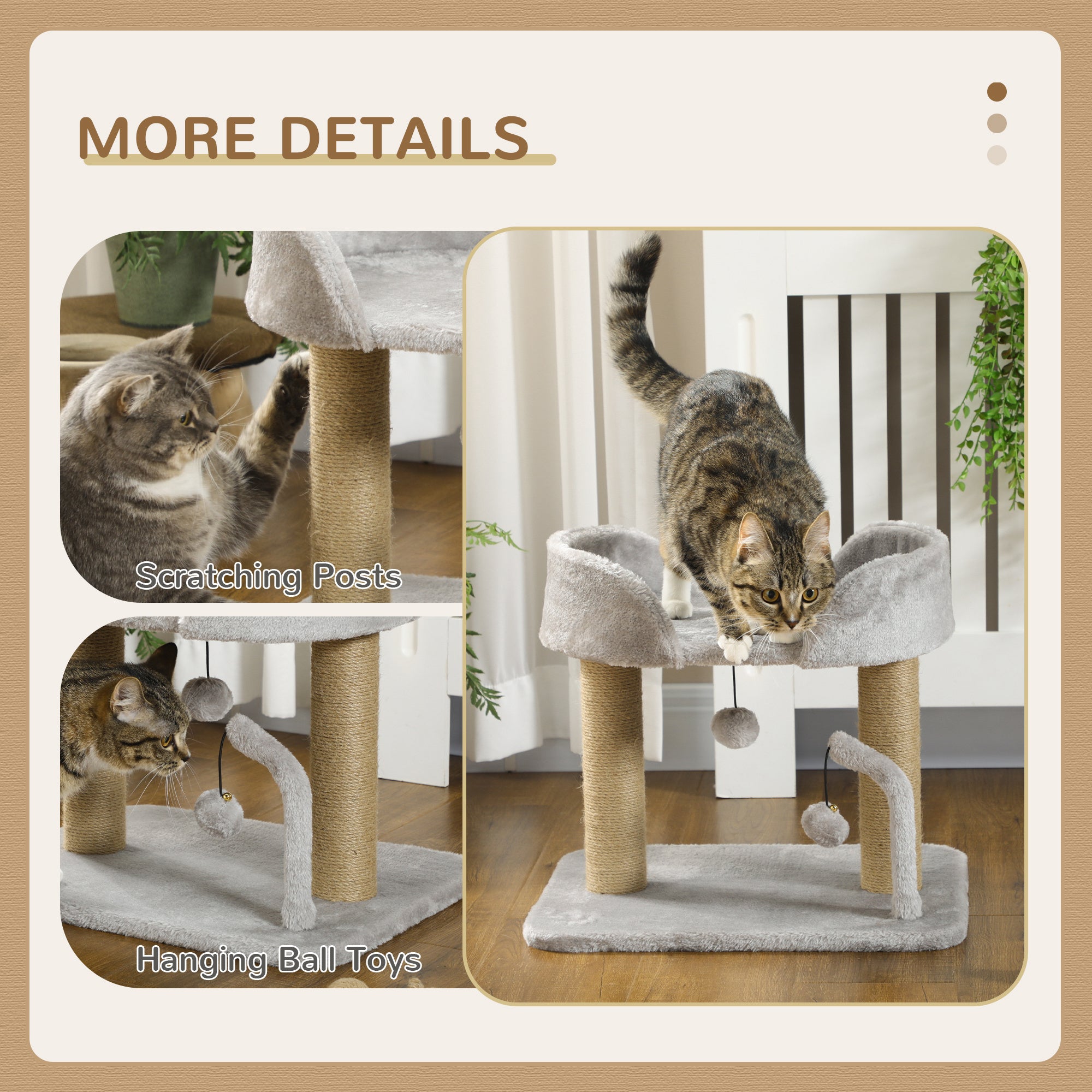 PawHut Cat Tree, 16.5" Small Cat Tower Condo for Indoor Cats with Jute Scratching Posts, Top Perch, Dangling Balls, Cat Activity Centre, Light Grey